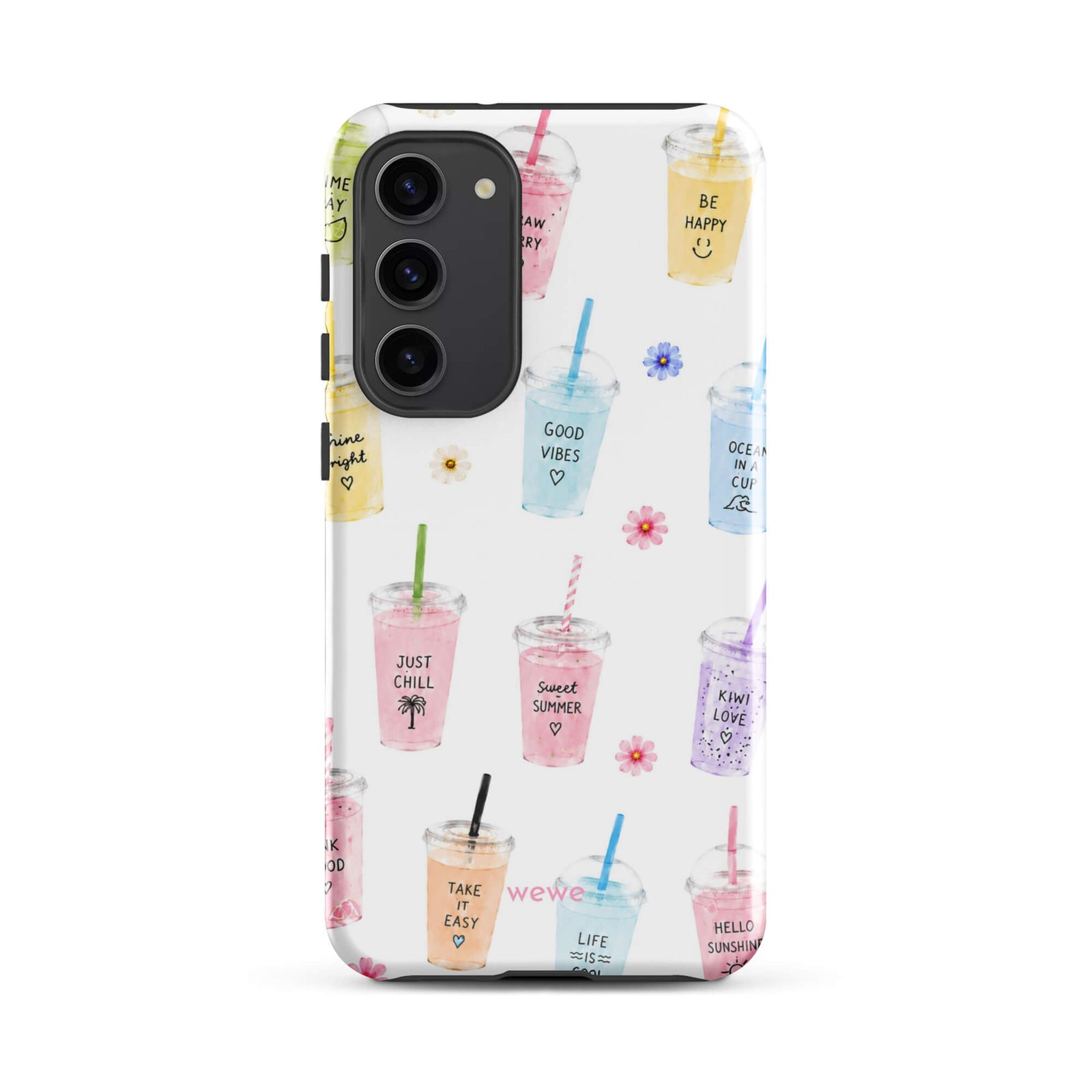 Cute Summer Drink Phone Case featuring colorful pastel iced coffees, fruity drinks, tiny flowers and handwritten good-vibes phrases on a soft white background