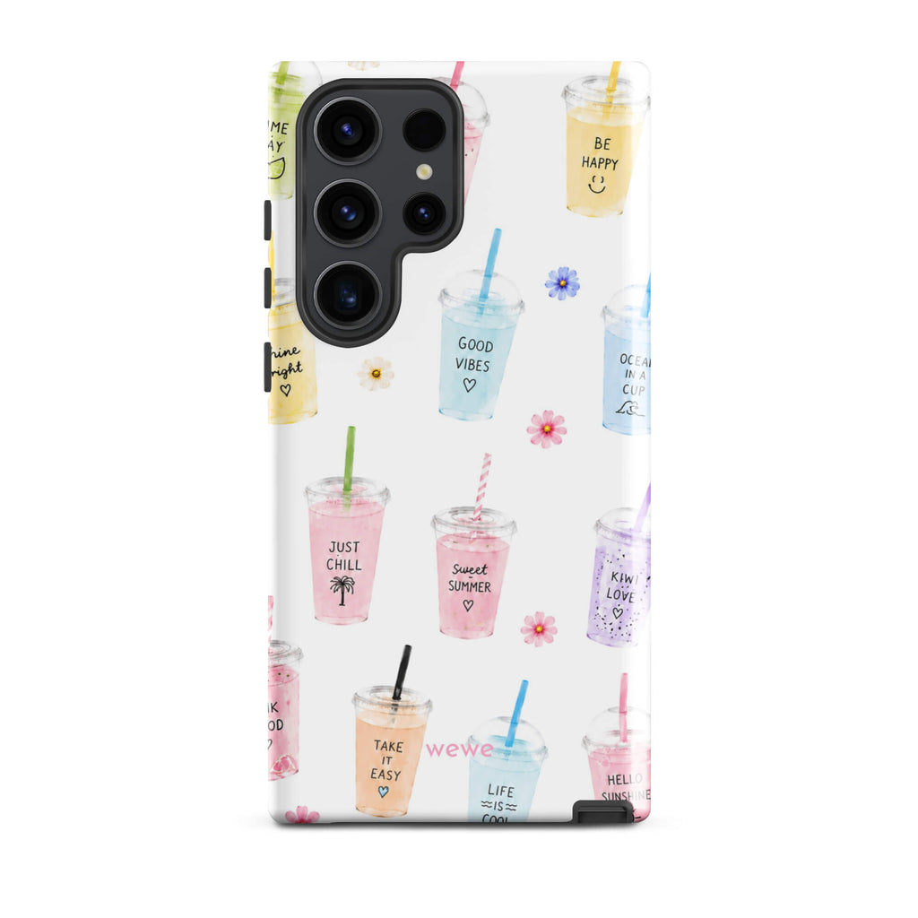 Cute Summer Drink Phone Case featuring colorful pastel iced coffees, fruity drinks, tiny flowers and handwritten good-vibes phrases on a soft white background