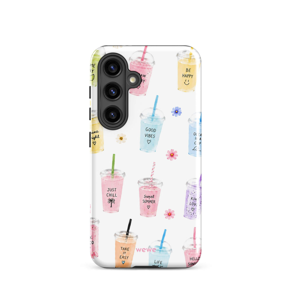 Cute Summer Drink Phone Case featuring colorful pastel iced coffees, fruity drinks, tiny flowers and handwritten good-vibes phrases on a soft white background