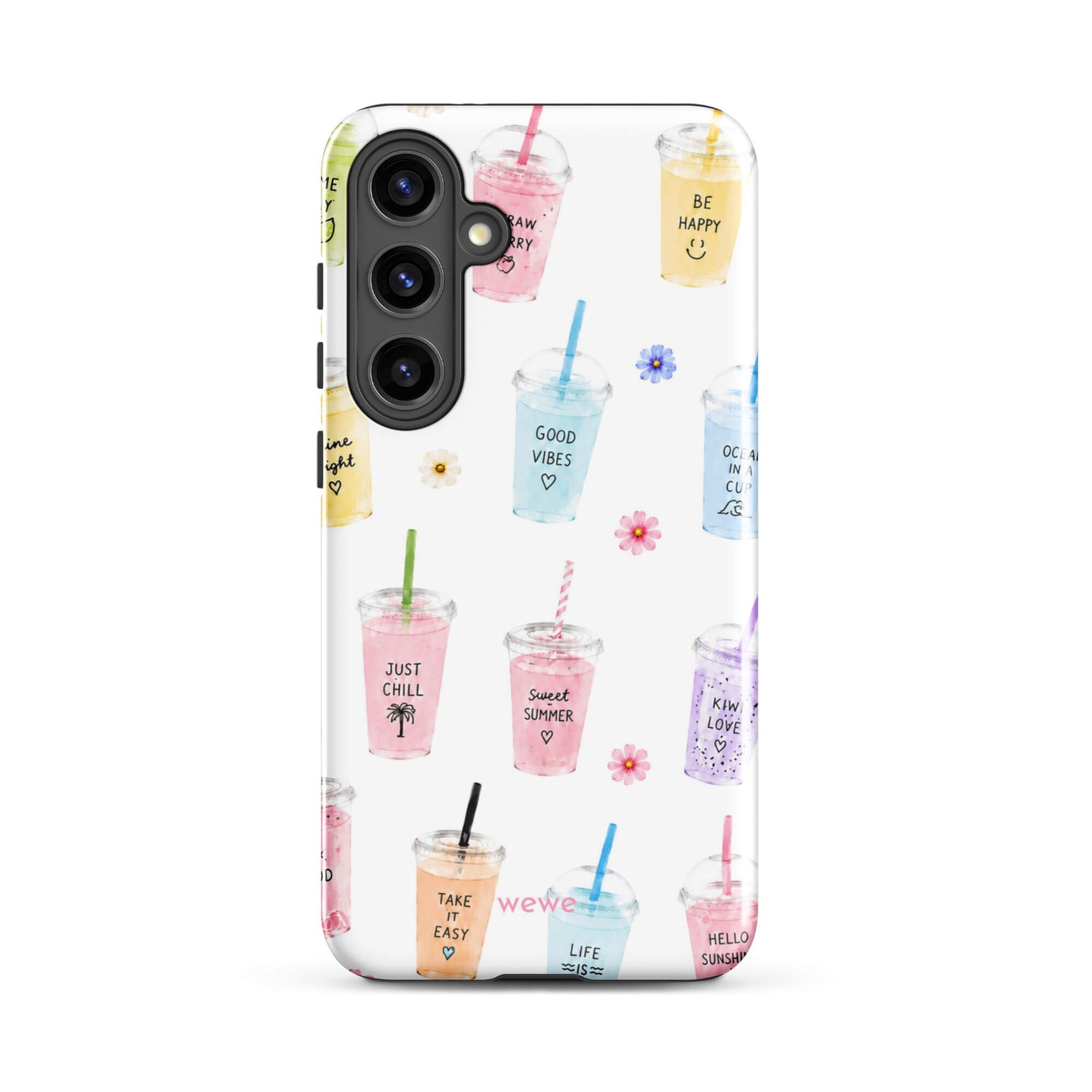 Cute Summer Drink Phone Case featuring colorful pastel iced coffees, fruity drinks, tiny flowers and handwritten good-vibes phrases on a soft white background