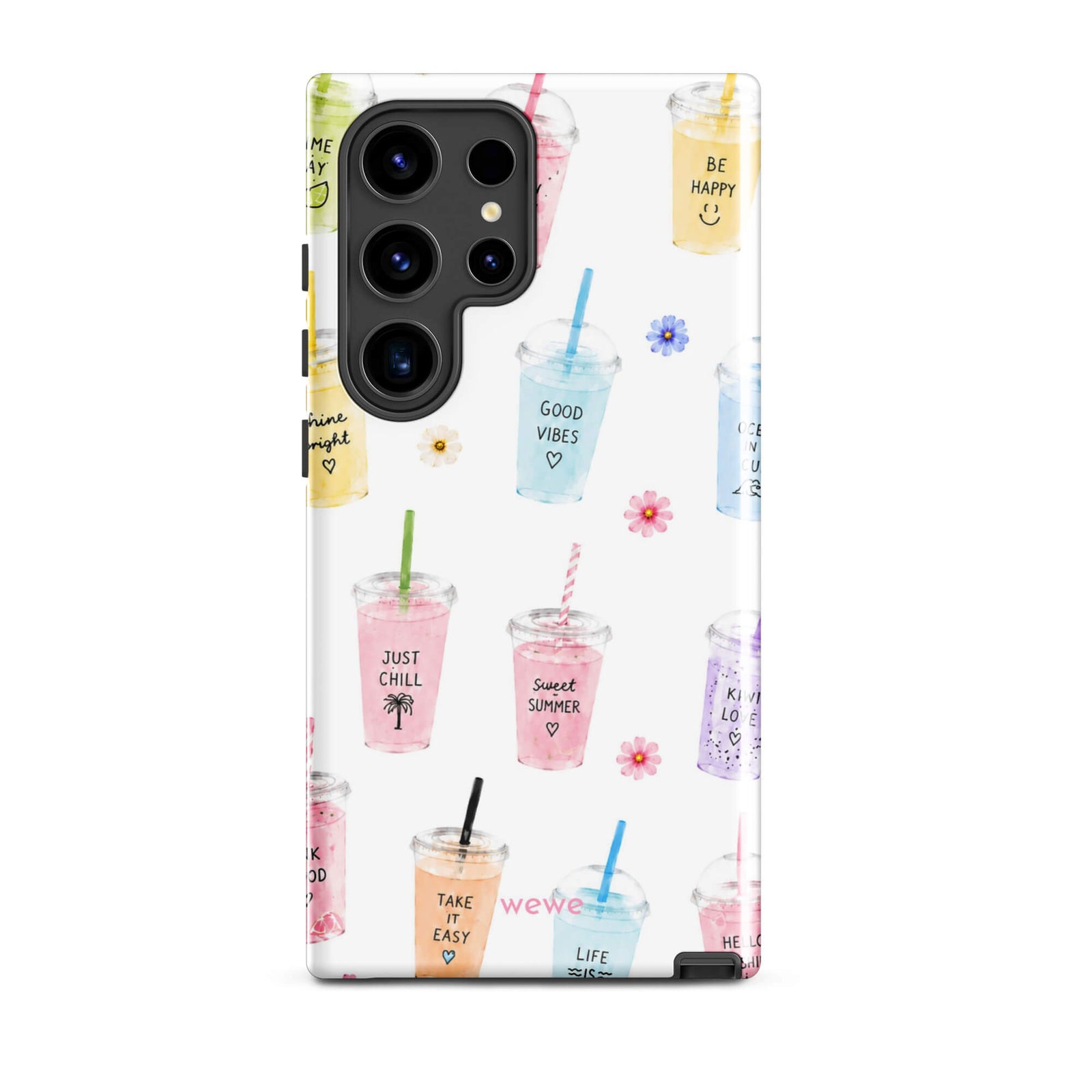 Cute Summer Drink Phone Case featuring colorful pastel iced coffees, fruity drinks, tiny flowers and handwritten good-vibes phrases on a soft white background