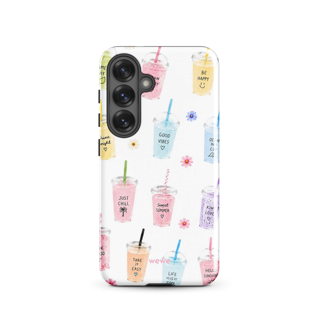 Cute Summer Drink Phone Case featuring colorful pastel iced coffees, fruity drinks, tiny flowers and handwritten good-vibes phrases on a soft white background