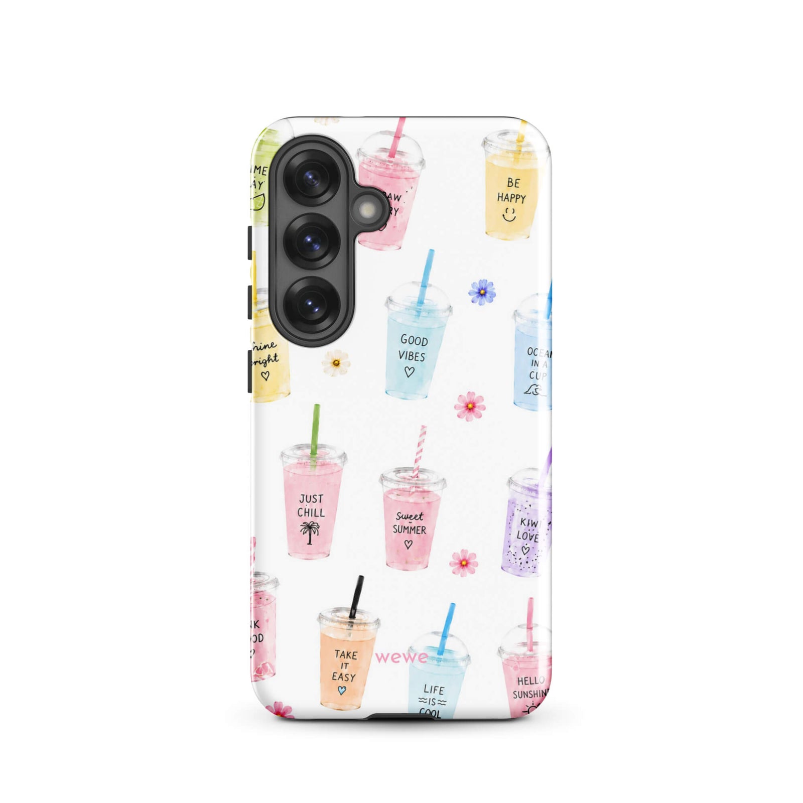 Cute Summer Drink Phone Case featuring colorful pastel iced coffees, fruity drinks, tiny flowers and handwritten good-vibes phrases on a soft white background