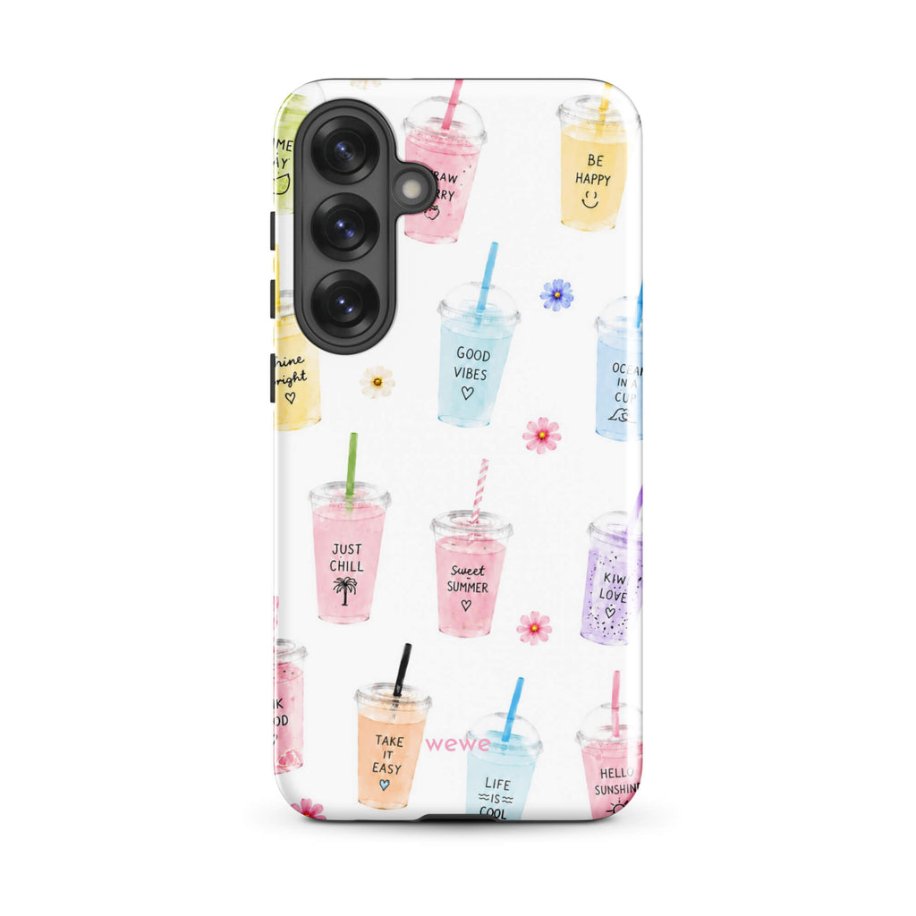 Cute Summer Drink Phone Case featuring colorful pastel iced coffees, fruity drinks, tiny flowers and handwritten good-vibes phrases on a soft white background