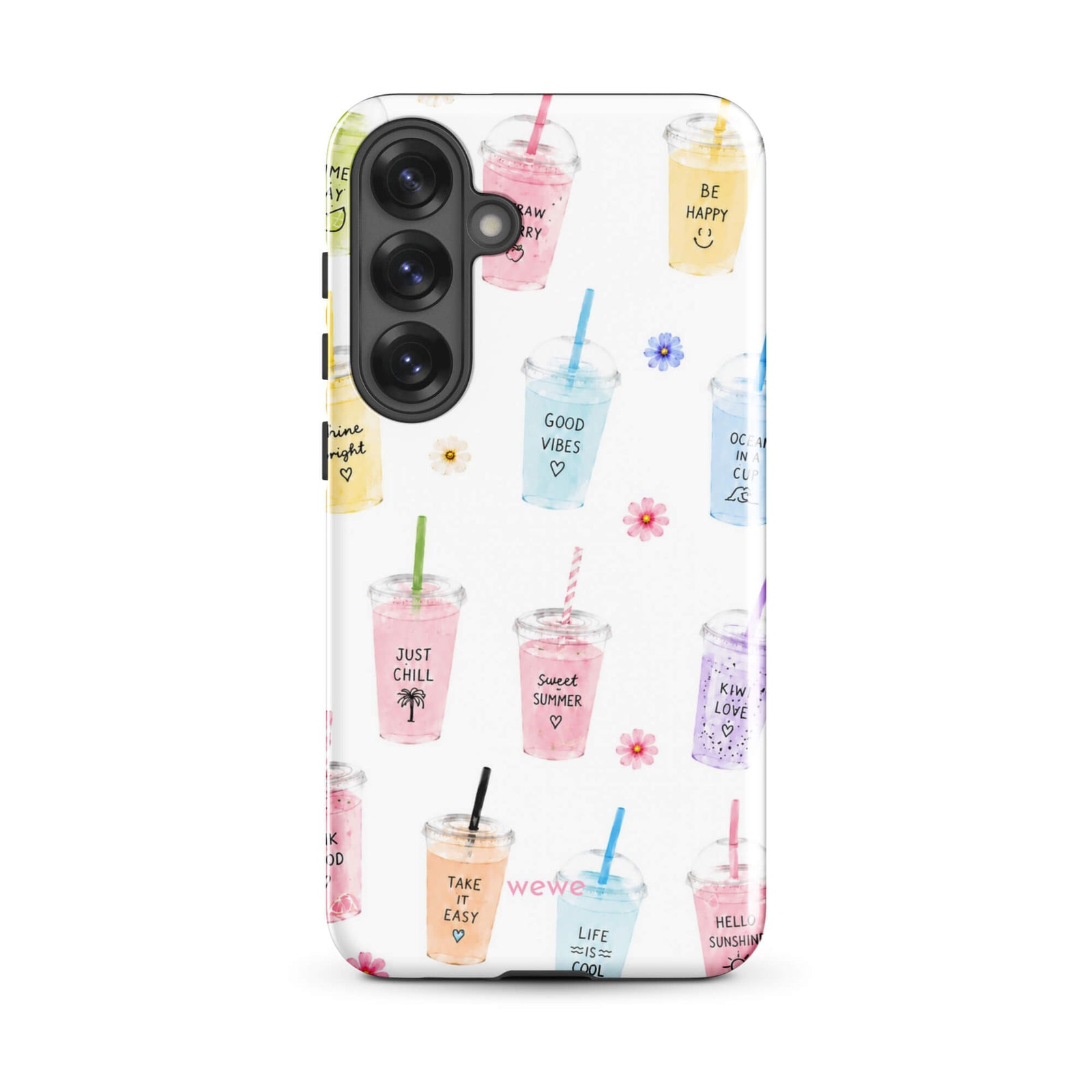 Cute Summer Drink Phone Case featuring colorful pastel iced coffees, fruity drinks, tiny flowers and handwritten good-vibes phrases on a soft white background