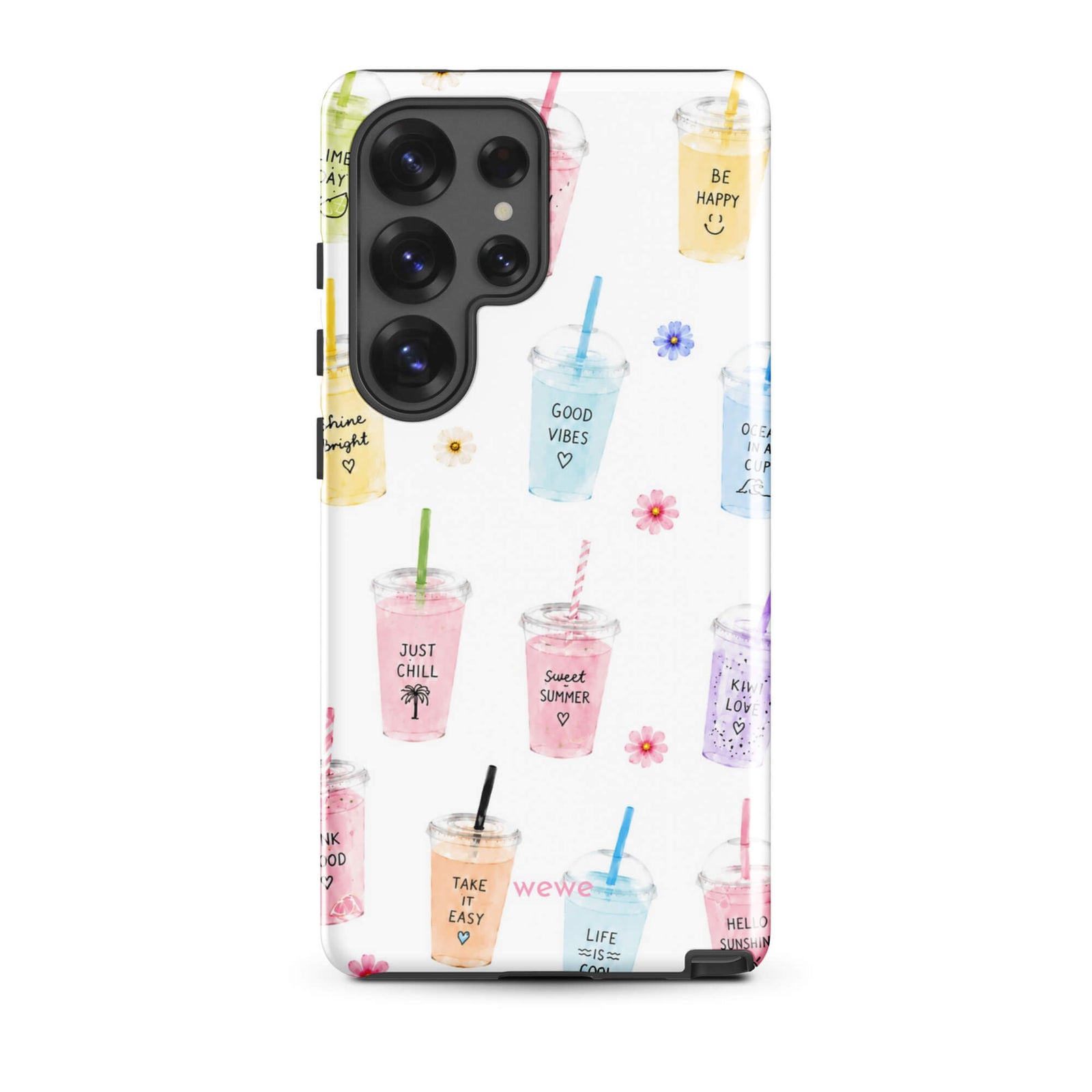 Cute Summer Drink Phone Case featuring colorful pastel iced coffees, fruity drinks, tiny flowers and handwritten good-vibes phrases on a soft white background