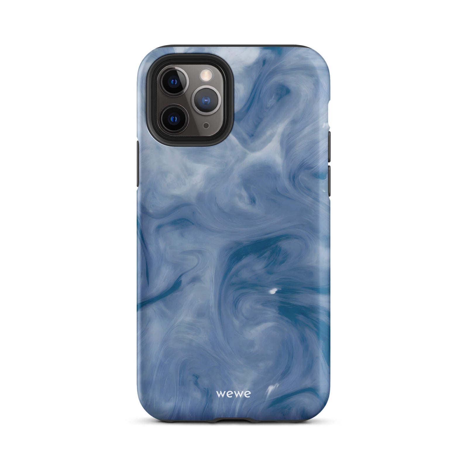 Custom iPhone case 11 pro with a swirling, abstract pattern of deep blue, navy, and white, resembling flowing water, smoky clouds, or liquid marble.