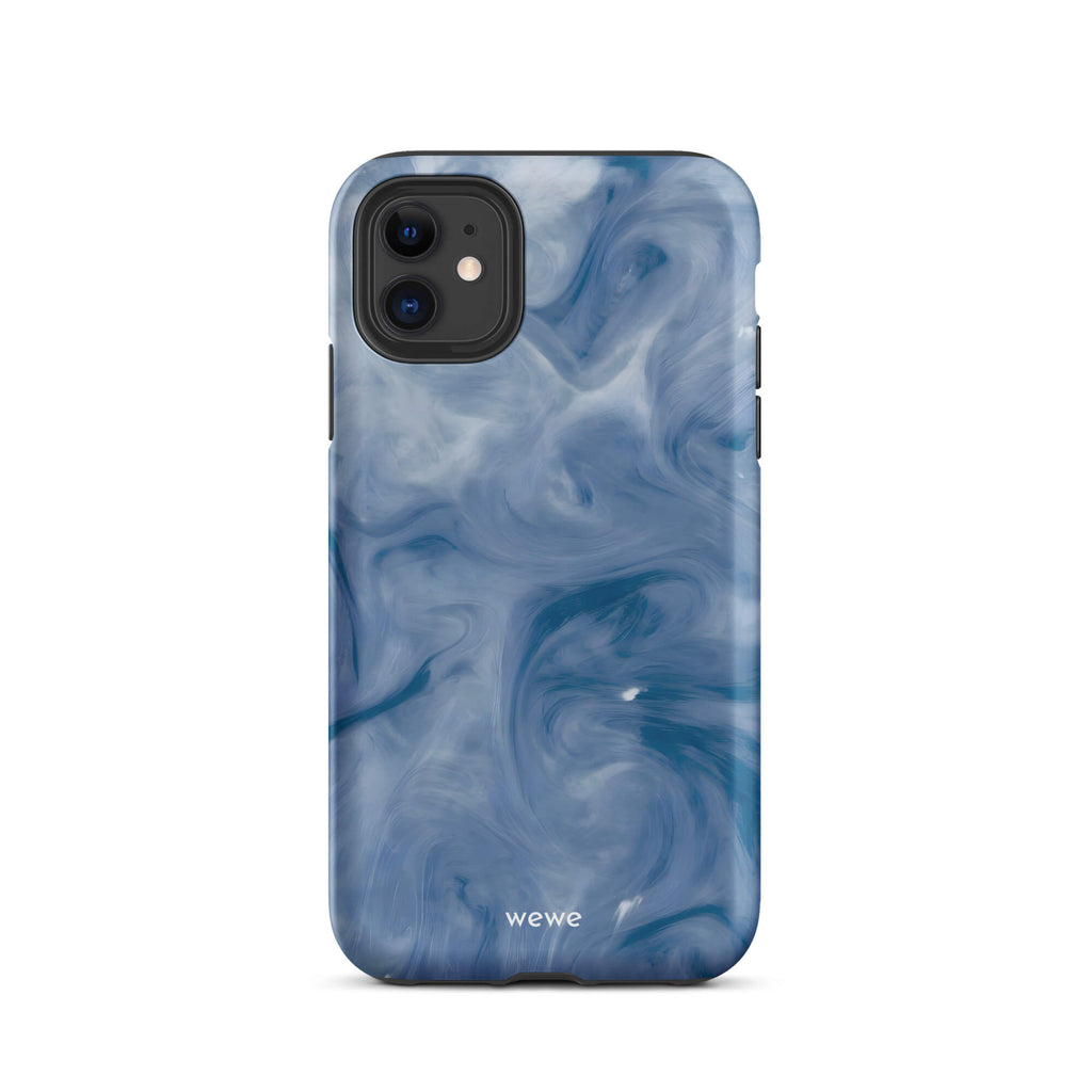 Custom iPhone case 11 with a swirling, abstract pattern of deep blue, navy, and white, resembling flowing water, smoky clouds, or liquid marble.