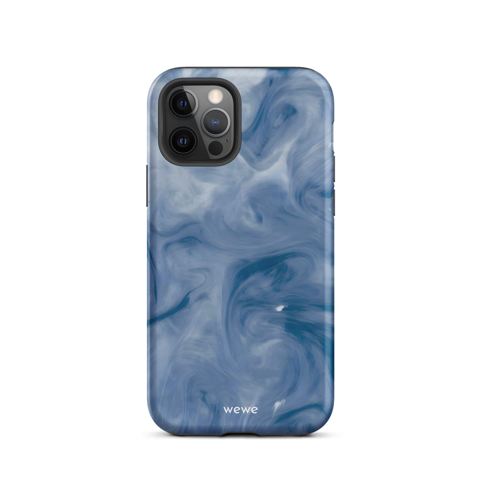 Custom iPhone case 12 pro with a swirling, abstract pattern of deep blue, navy, and white, resembling flowing water, smoky clouds, or liquid marble.