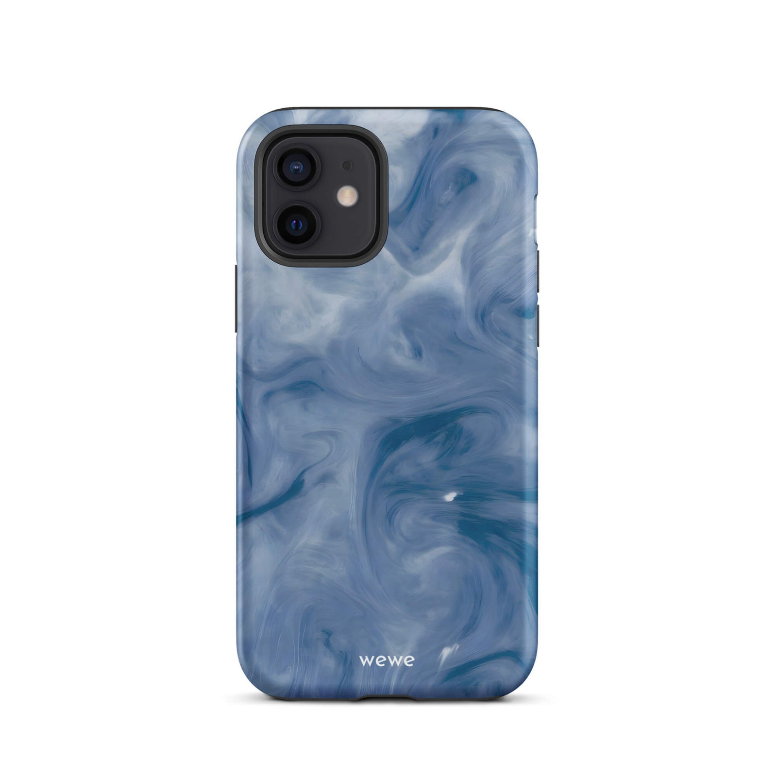 Custom iPhone case 12 with a swirling, abstract pattern of deep blue, navy, and white, resembling flowing water, smoky clouds, or liquid marble.