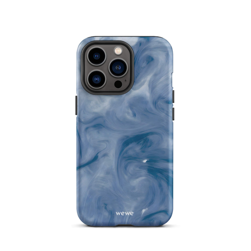 Custom iPhone case 13 pro with a swirling, abstract pattern of deep blue, navy, and white, resembling flowing water, smoky clouds, or liquid marble.