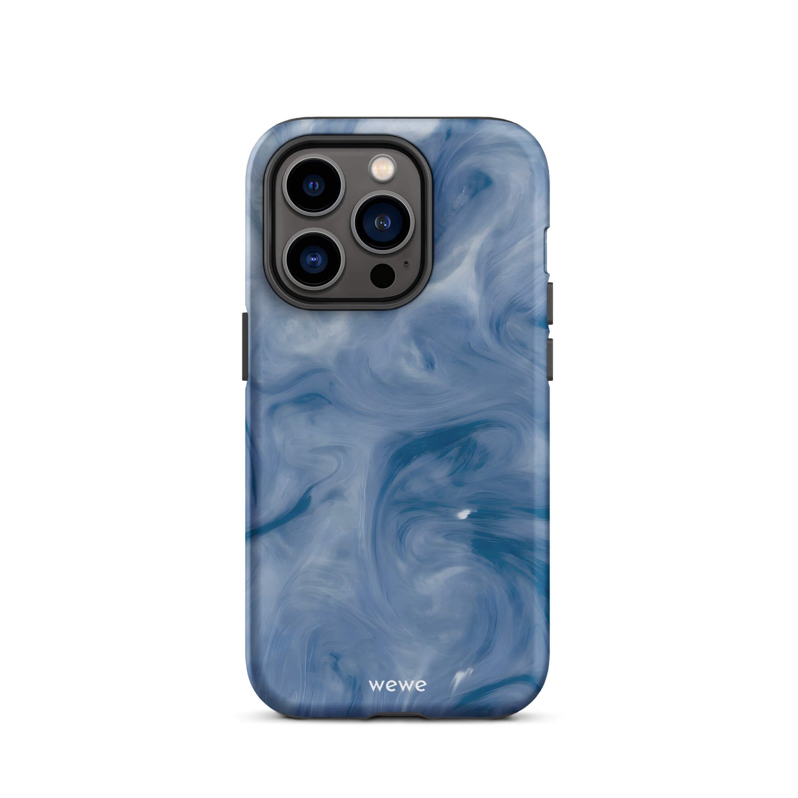 Custom iPhone case 14 pro with a swirling, abstract pattern of deep blue, navy, and white, resembling flowing water, smoky clouds, or liquid marble.