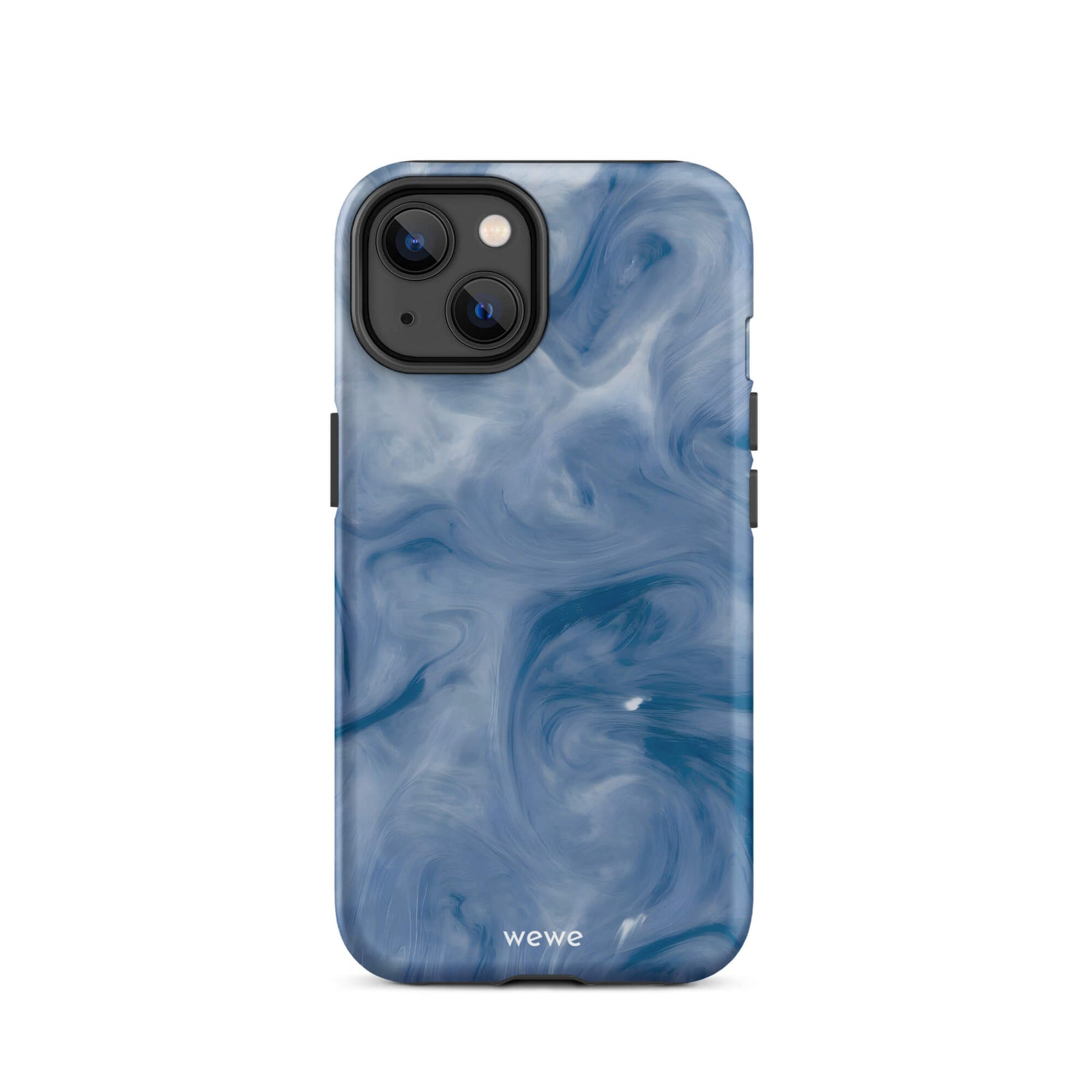 Custom iPhone case 14 with a swirling, abstract pattern of deep blue, navy, and white, resembling flowing water, smoky clouds, or liquid marble.