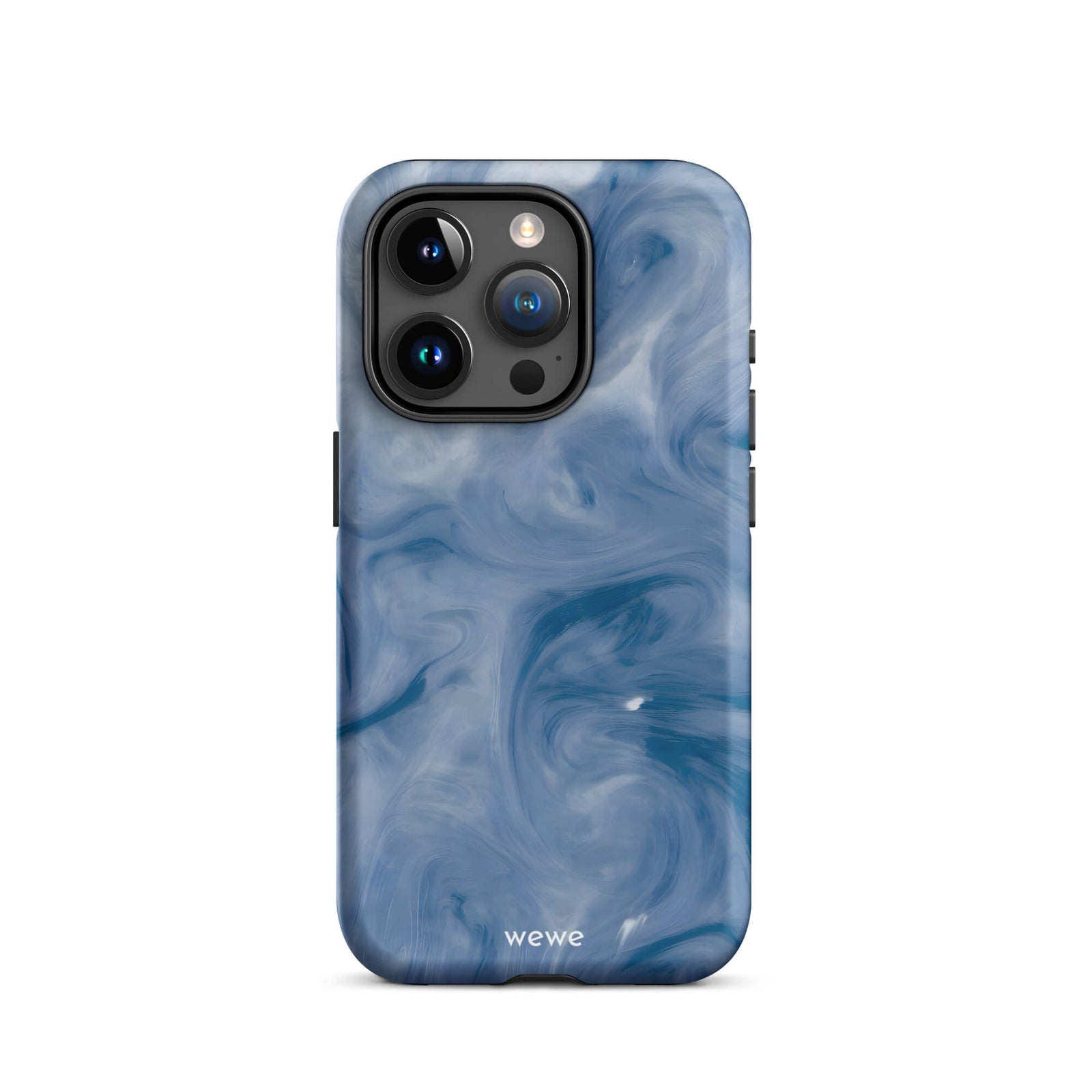 Custom iPhone case 15 pro with a swirling, abstract pattern of deep blue, navy, and white, resembling flowing water, smoky clouds, or liquid marble.