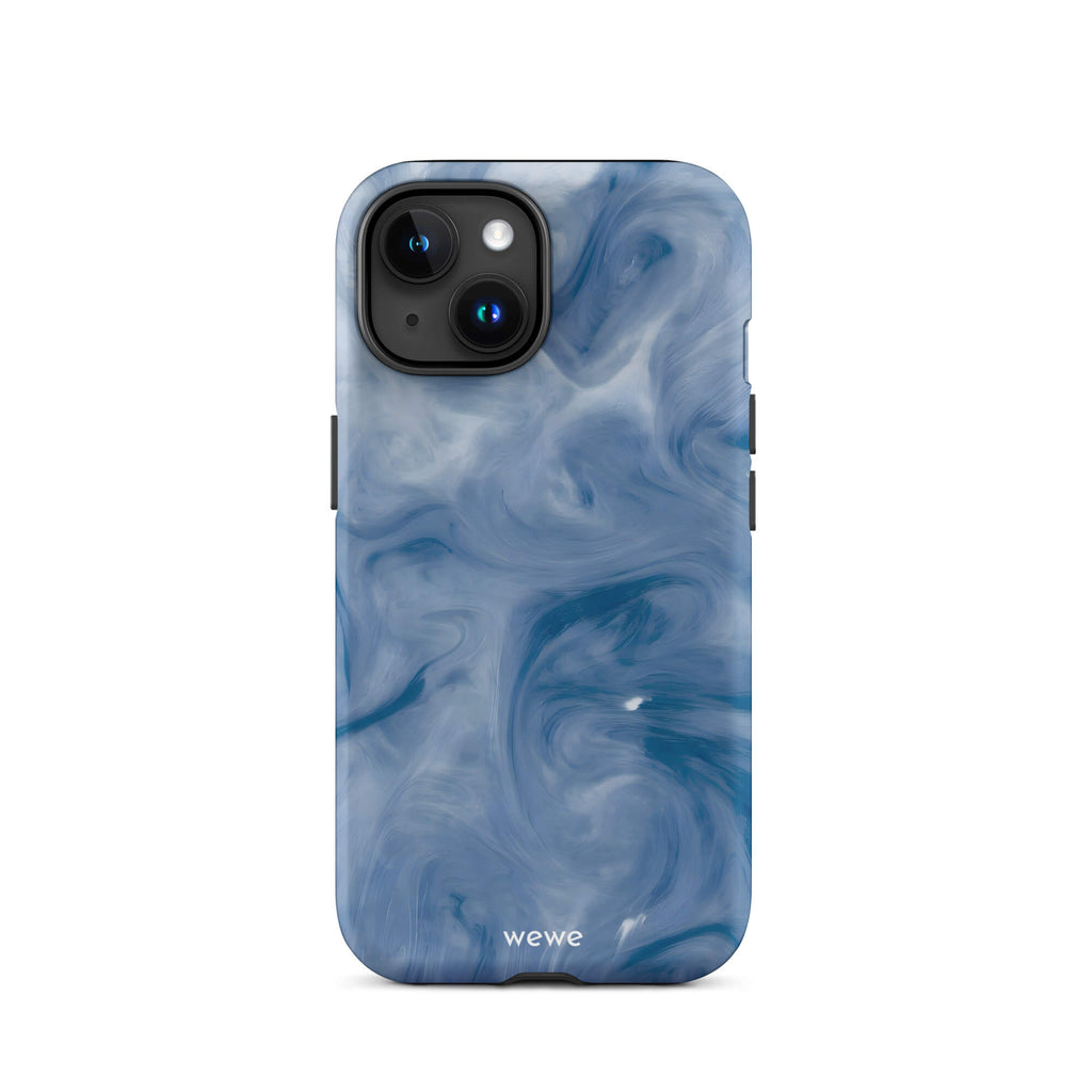 Custom iPhone case 15 with a swirling, abstract pattern of deep blue, navy, and white, resembling flowing water, smoky clouds, or liquid marble.