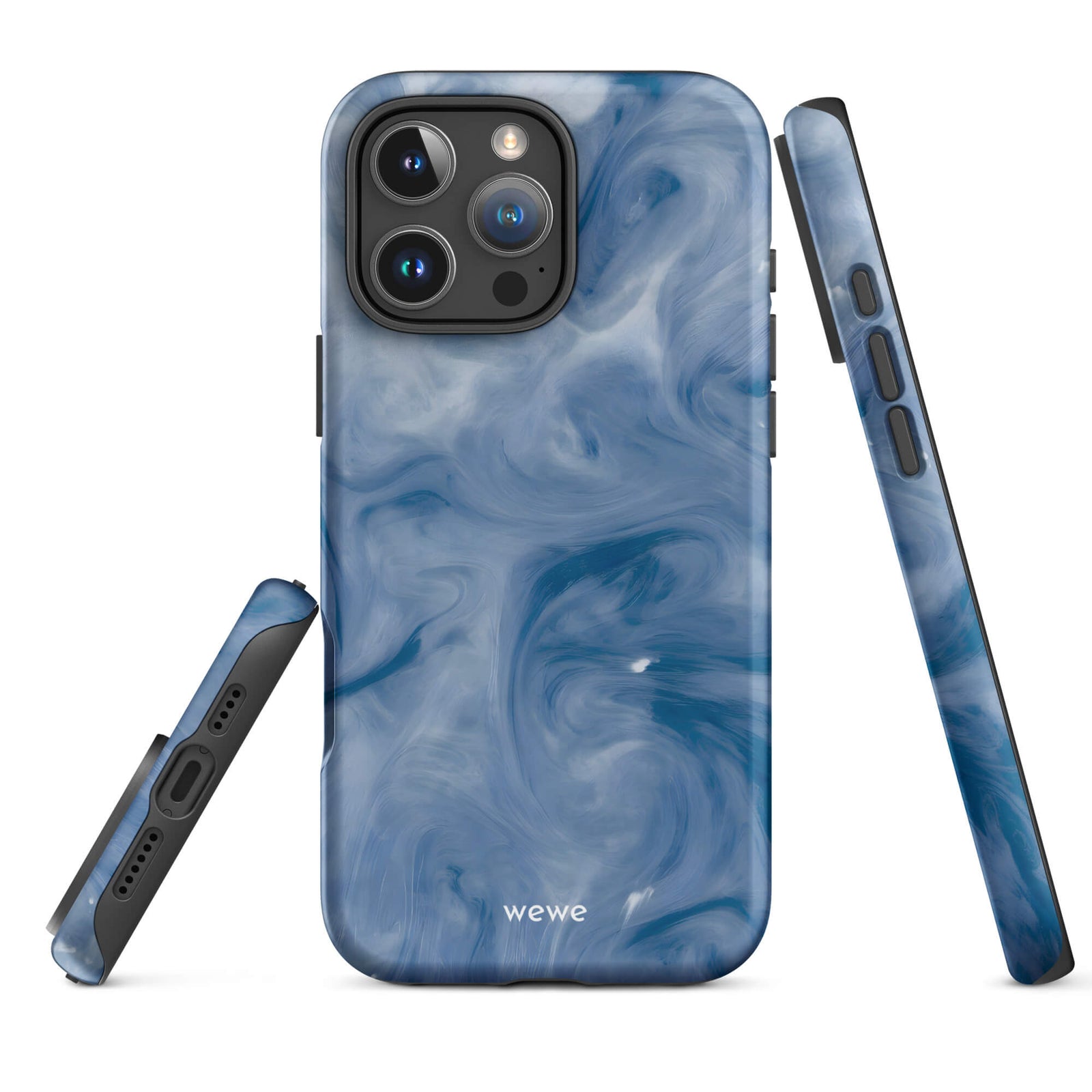 Custom iPhone case 16 pro max with a swirling, abstract pattern of deep blue, navy, and white, resembling flowing water, smoky clouds, or liquid marble.