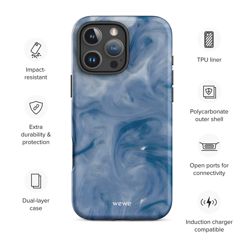 Custom dark blue fluid swirl marble iPhone case 16 pro max wireless charging compatible.