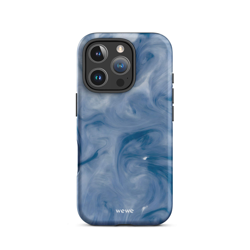 Custom iPhone case 16 pro with a swirling, abstract pattern of deep blue, navy, and white, resembling flowing water, smoky clouds, or liquid marble.