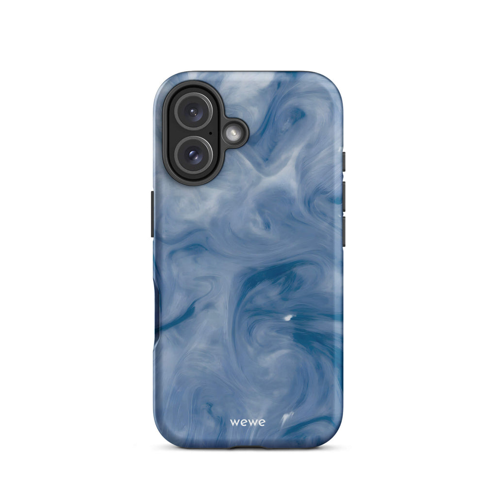 Custom iPhone case 16 with a swirling, abstract pattern of deep blue, navy, and white, resembling flowing water, smoky clouds, or liquid marble.