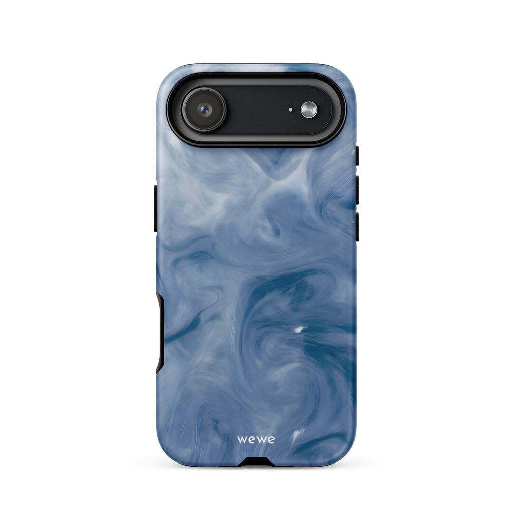 Custom iPhone case 17 air with a swirling, abstract pattern of deep blue, navy, and white, resembling flowing water, smoky clouds, or liquid marble.