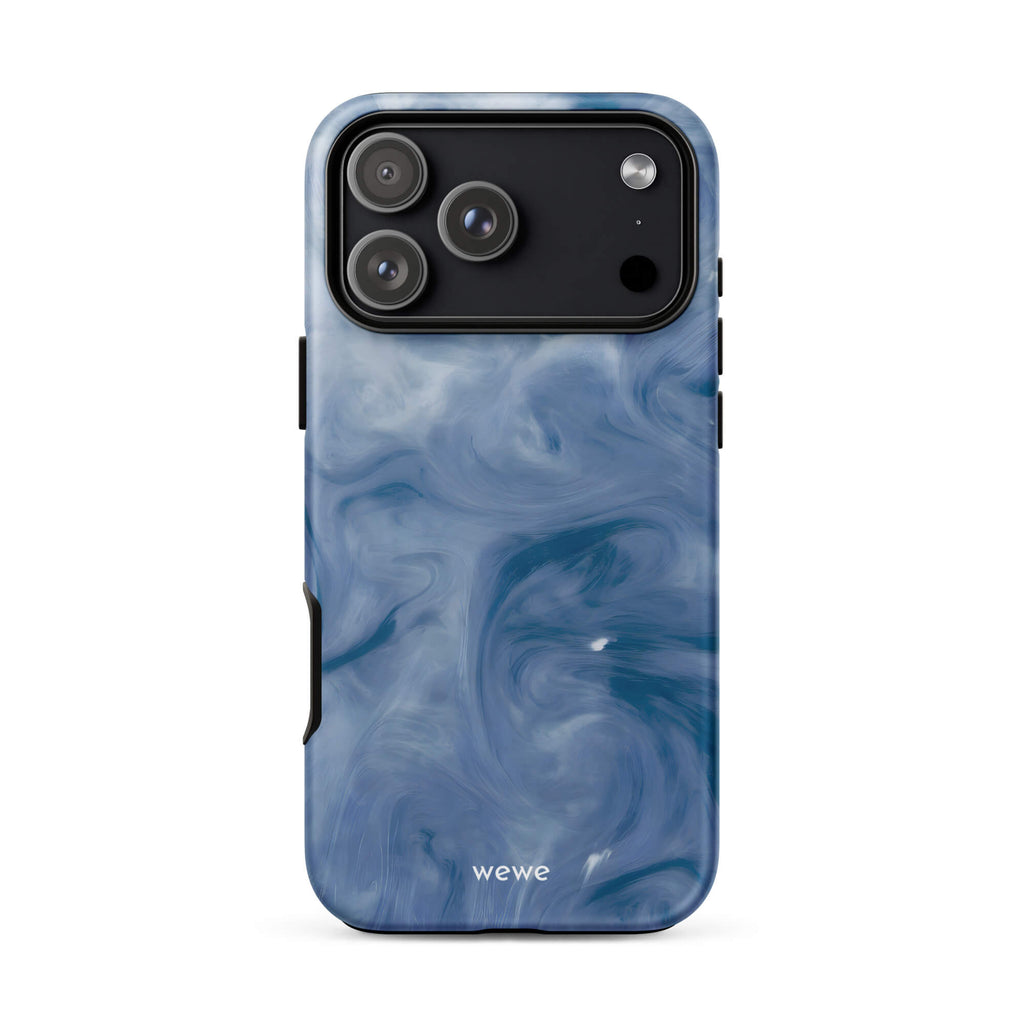 Custom iPhone case 17 pro max with a swirling, abstract pattern of deep blue, navy, and white, resembling flowing water, smoky clouds, or liquid marble.