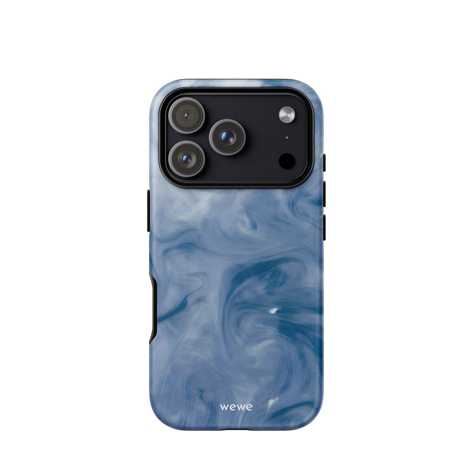 Custom iPhone case 17 pro with a swirling, abstract pattern of deep blue, navy, and white, resembling flowing water, smoky clouds, or liquid marble.