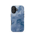 Custom iPhone case 17 with a swirling, abstract pattern of deep blue, navy, and white, resembling flowing water, smoky clouds, or liquid marble.