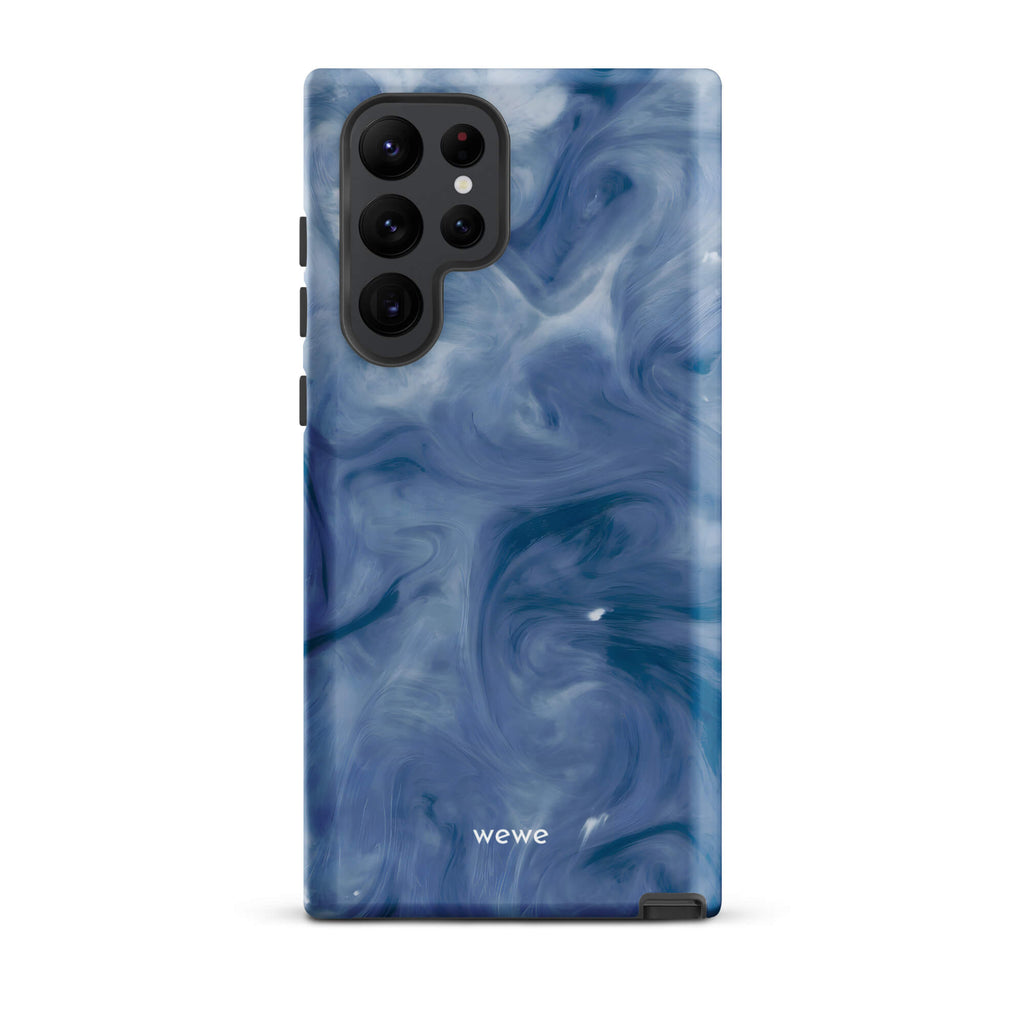 Custom samsung galaxy s22 ultra with a swirling, abstract pattern of deep blue, navy, and white, resembling flowing water, smoky clouds, or liquid marble.