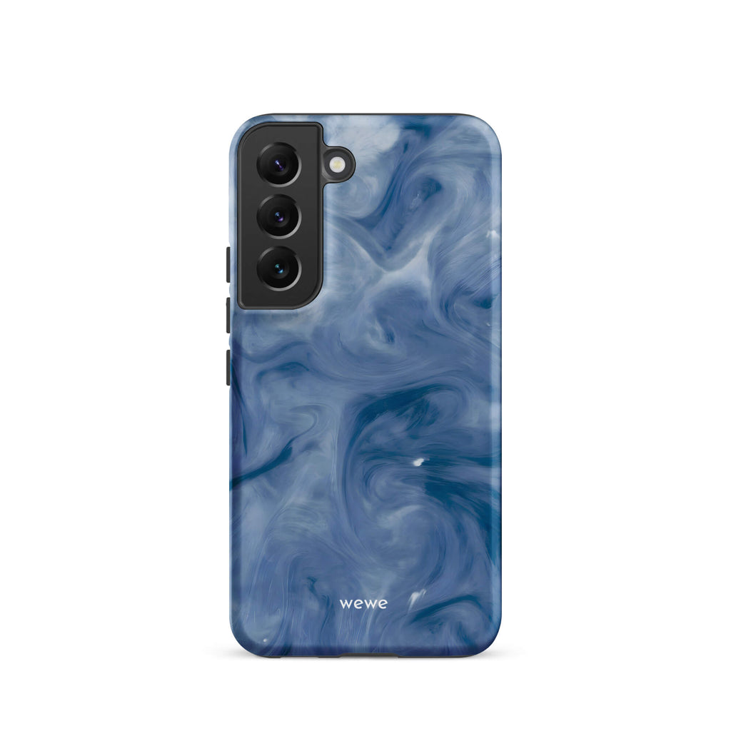 Custom samsung galaxy s22 with a swirling, abstract pattern of deep blue, navy, and white, resembling flowing water, smoky clouds, or liquid marble.