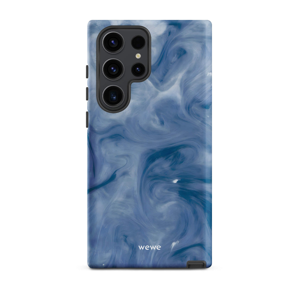 Custom samsung galaxy s23 ultra with a swirling, abstract pattern of deep blue, navy, and white, resembling flowing water, smoky clouds, or liquid marble.