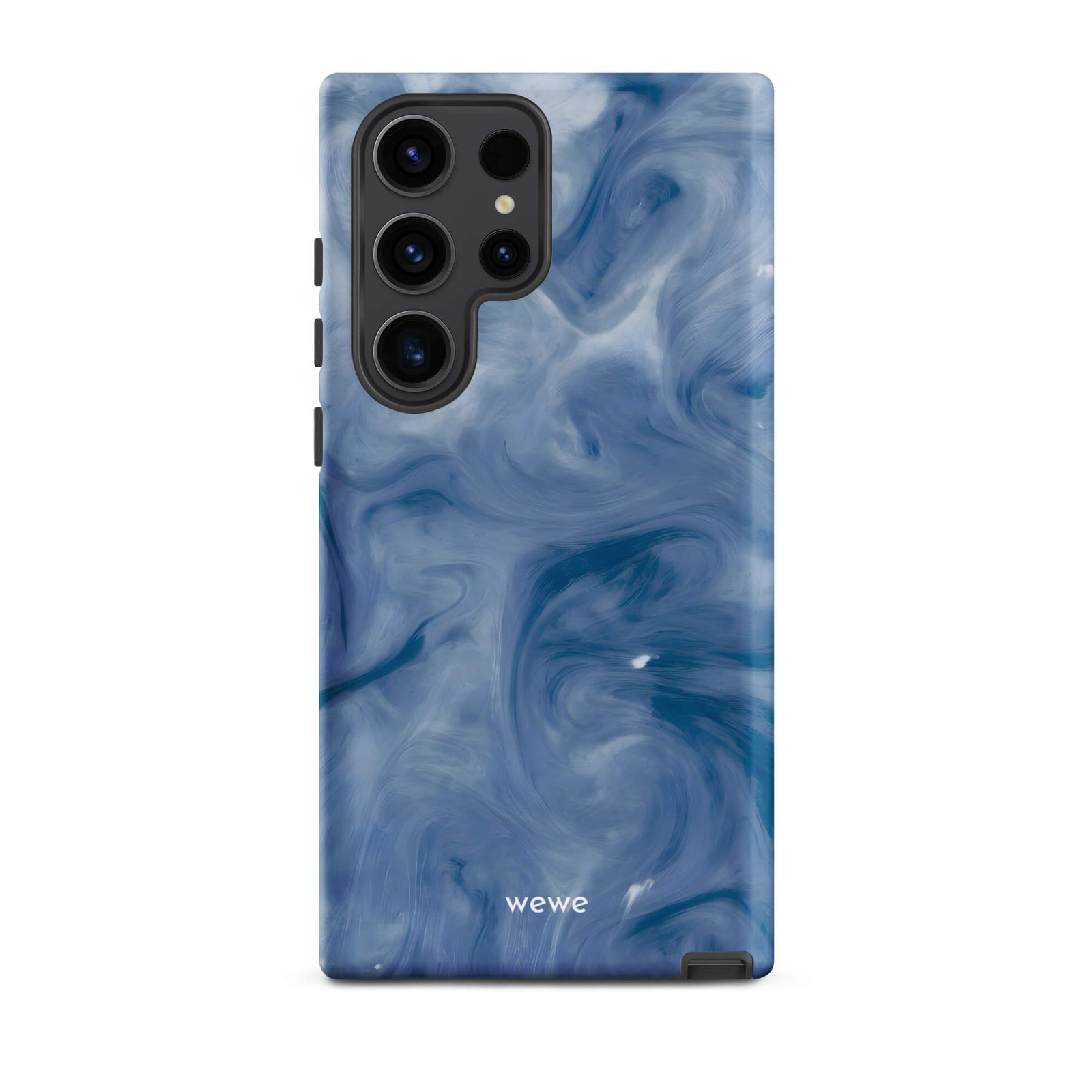 Custom samsung galaxy s23 ultra with a swirling, abstract pattern of deep blue, navy, and white, resembling flowing water, smoky clouds, or liquid marble.