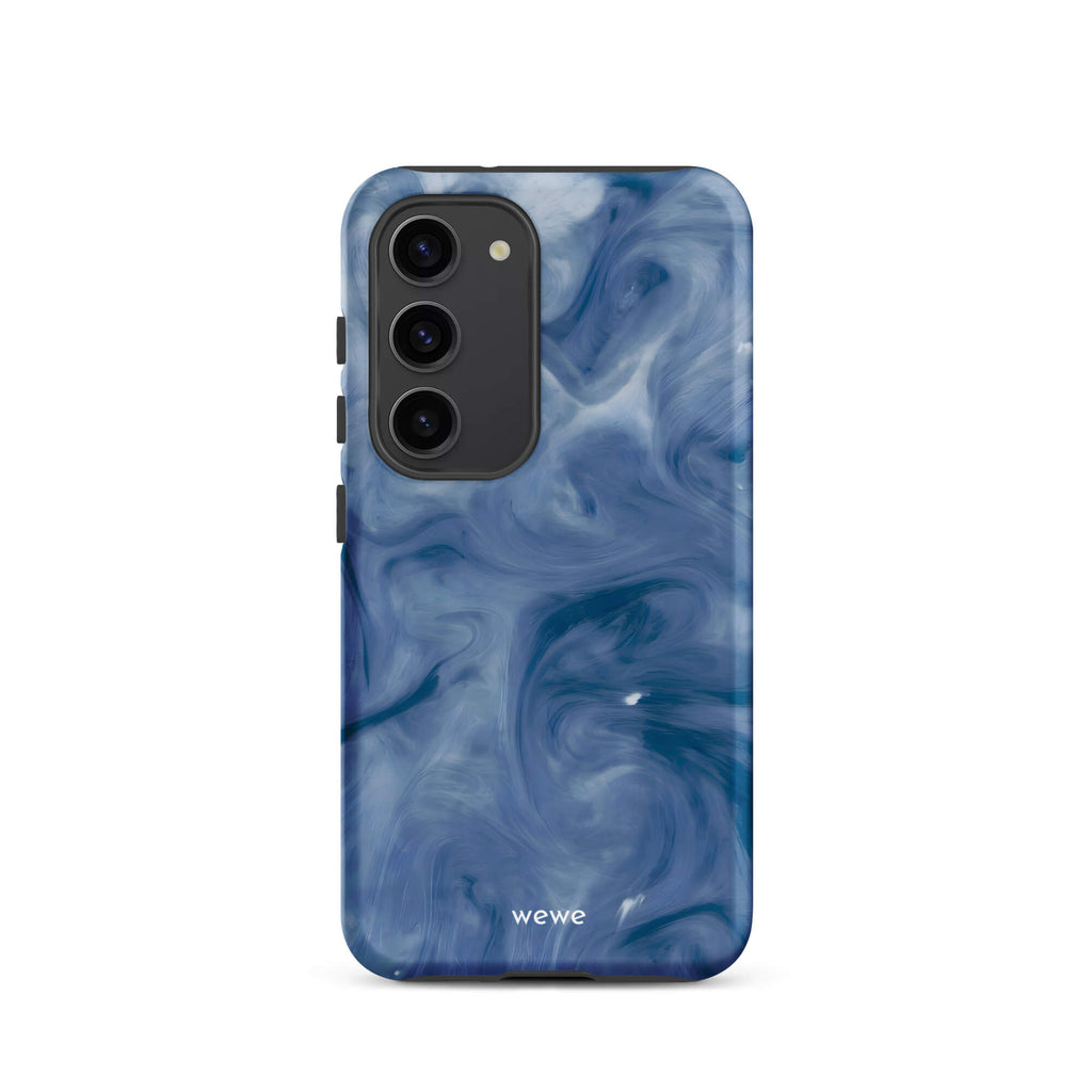 Custom samsung galaxy s23 with a swirling, abstract pattern of deep blue, navy, and white, resembling flowing water, smoky clouds, or liquid marble.