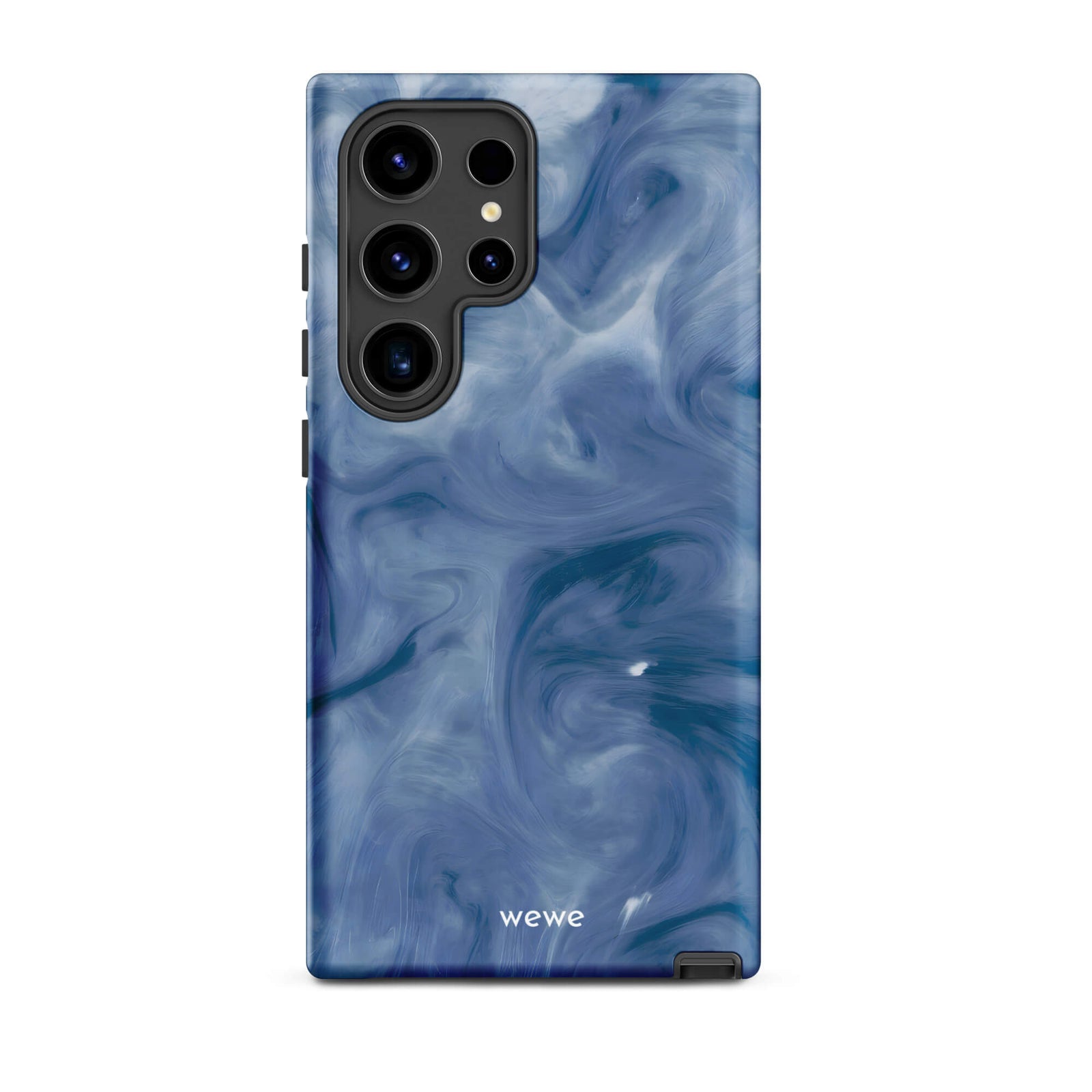 Custom samsung galaxy s24 ultra with a swirling, abstract pattern of deep blue, navy, and white, resembling flowing water, smoky clouds, or liquid marble.