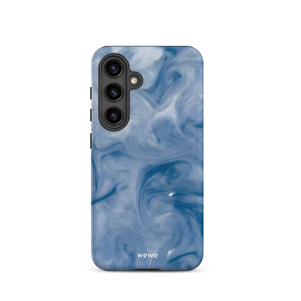 Custom samsung galaxy s24 with a swirling, abstract pattern of deep blue, navy, and white, resembling flowing water, smoky clouds, or liquid marble.