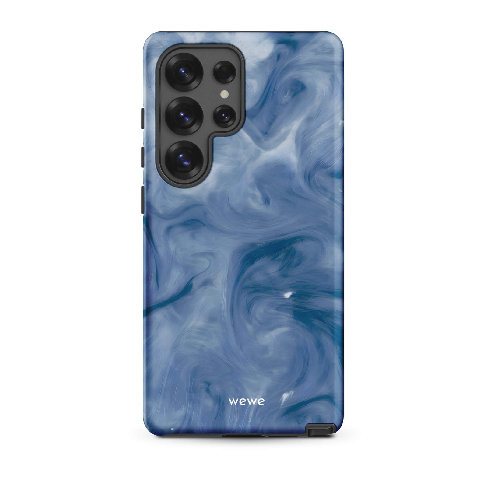 Custom samsung galaxy s25 ultra with a swirling, abstract pattern of deep blue, navy, and white, resembling flowing water, smoky clouds, or liquid marble.
