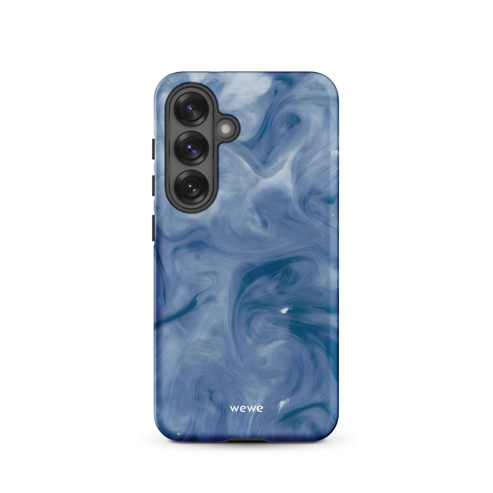 Custom samsung galaxy s25 with a swirling, abstract pattern of deep blue, navy, and white, resembling flowing water, smoky clouds, or liquid marble.