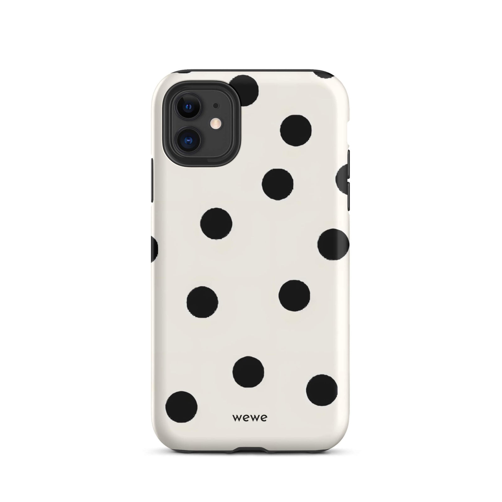 Custom iPhone case 11 with a  classic black polka dot pattern on a clean white background.