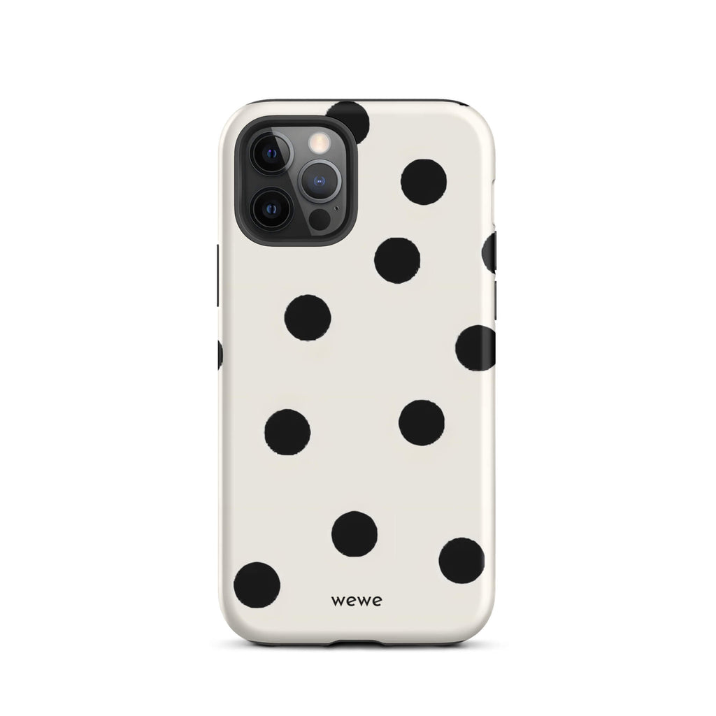 Custom iPhone case 12 pro with a  classic black polka dot pattern on a clean white background.