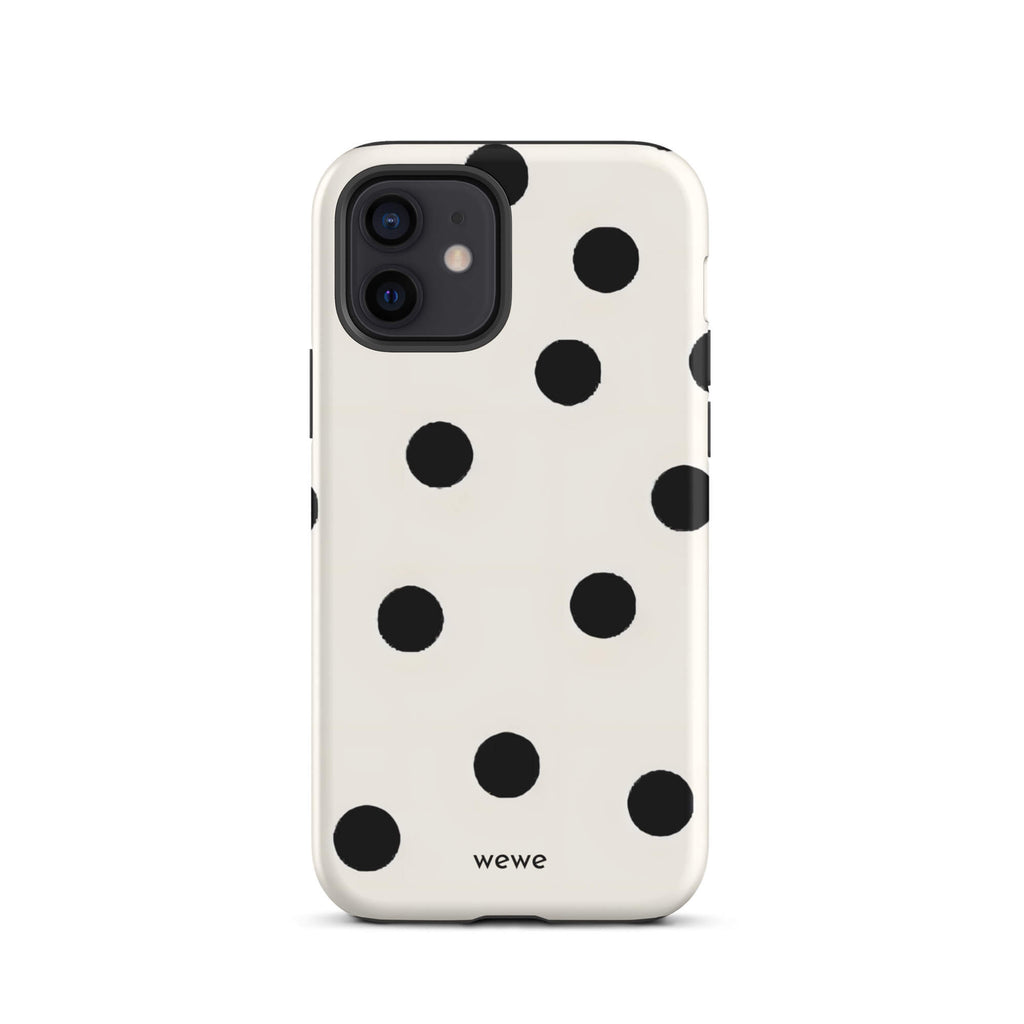 Custom iPhone case 12 with a  classic black polka dot pattern on a clean white background.