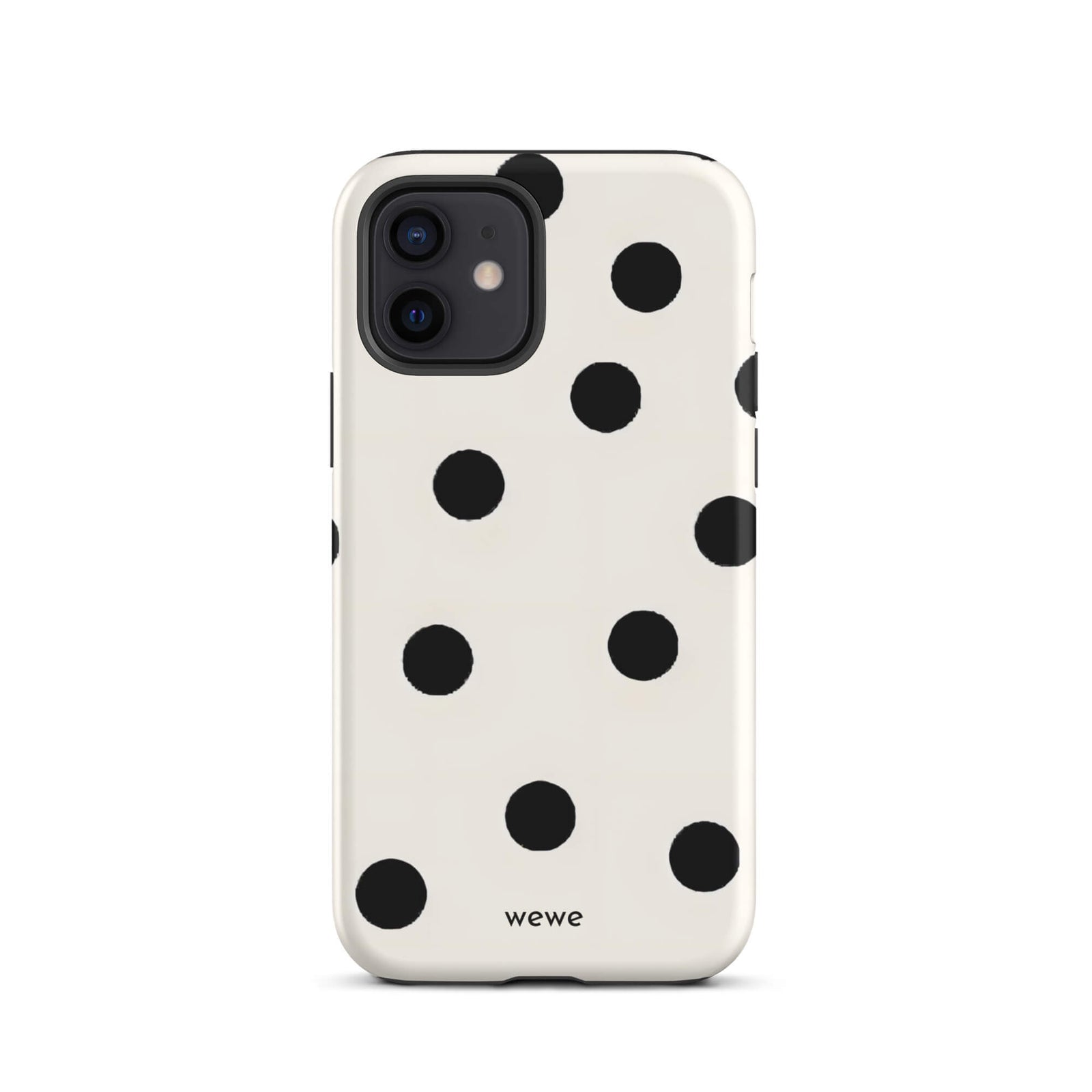 Custom iPhone case 12 with a  classic black polka dot pattern on a clean white background.