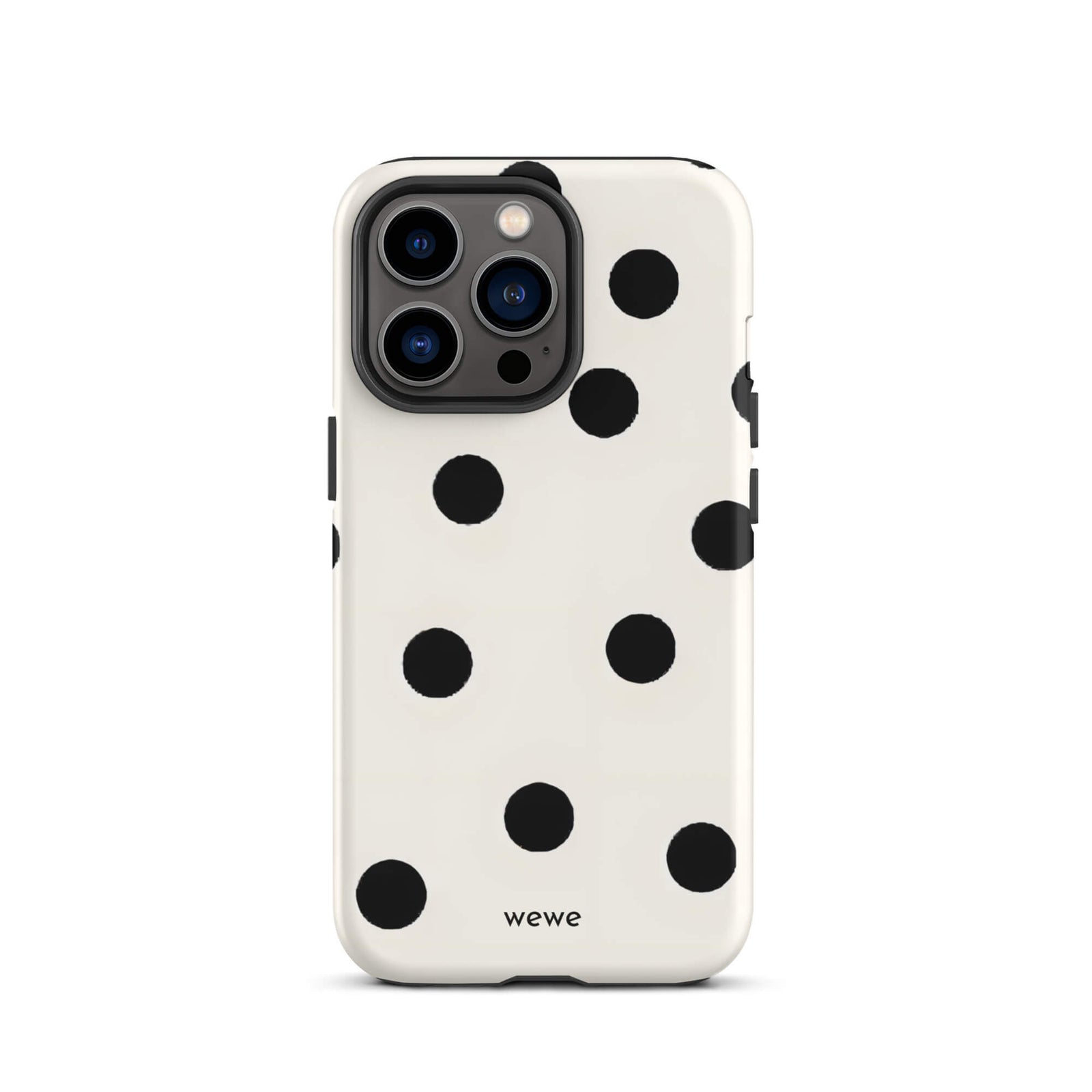 Custom iPhone case 13 pro with a  classic black polka dot pattern on a clean white background.
