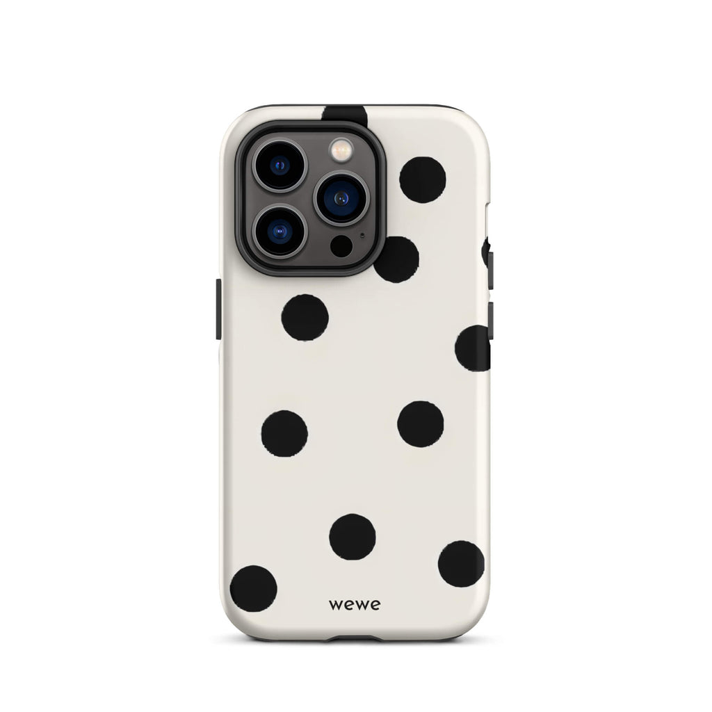 Custom iPhone case 14 pro with a  classic black polka dot pattern on a clean white background.