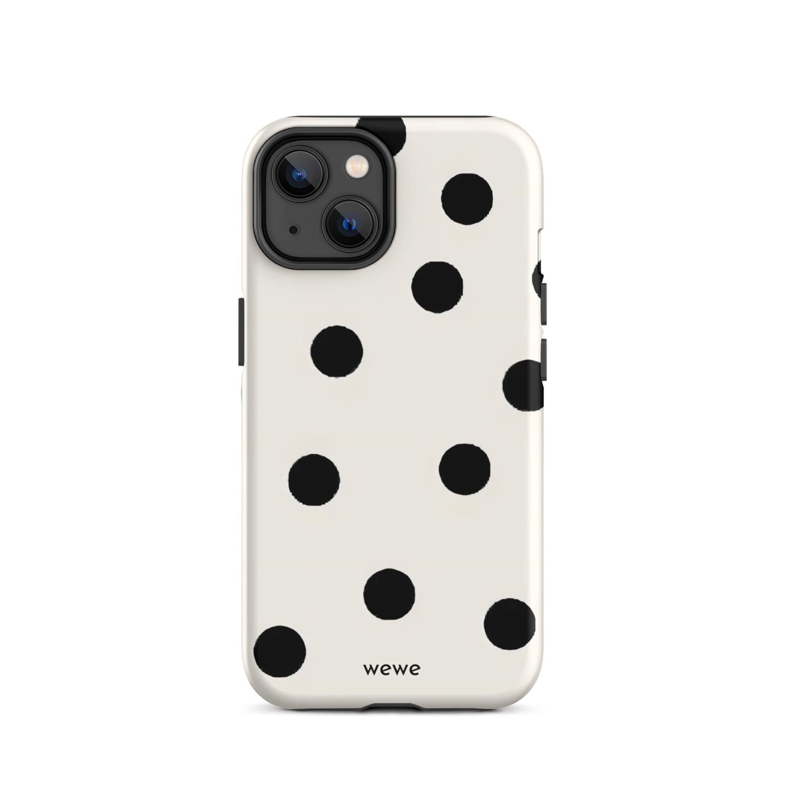 Custom iPhone case 14 with a  classic black polka dot pattern on a clean white background.