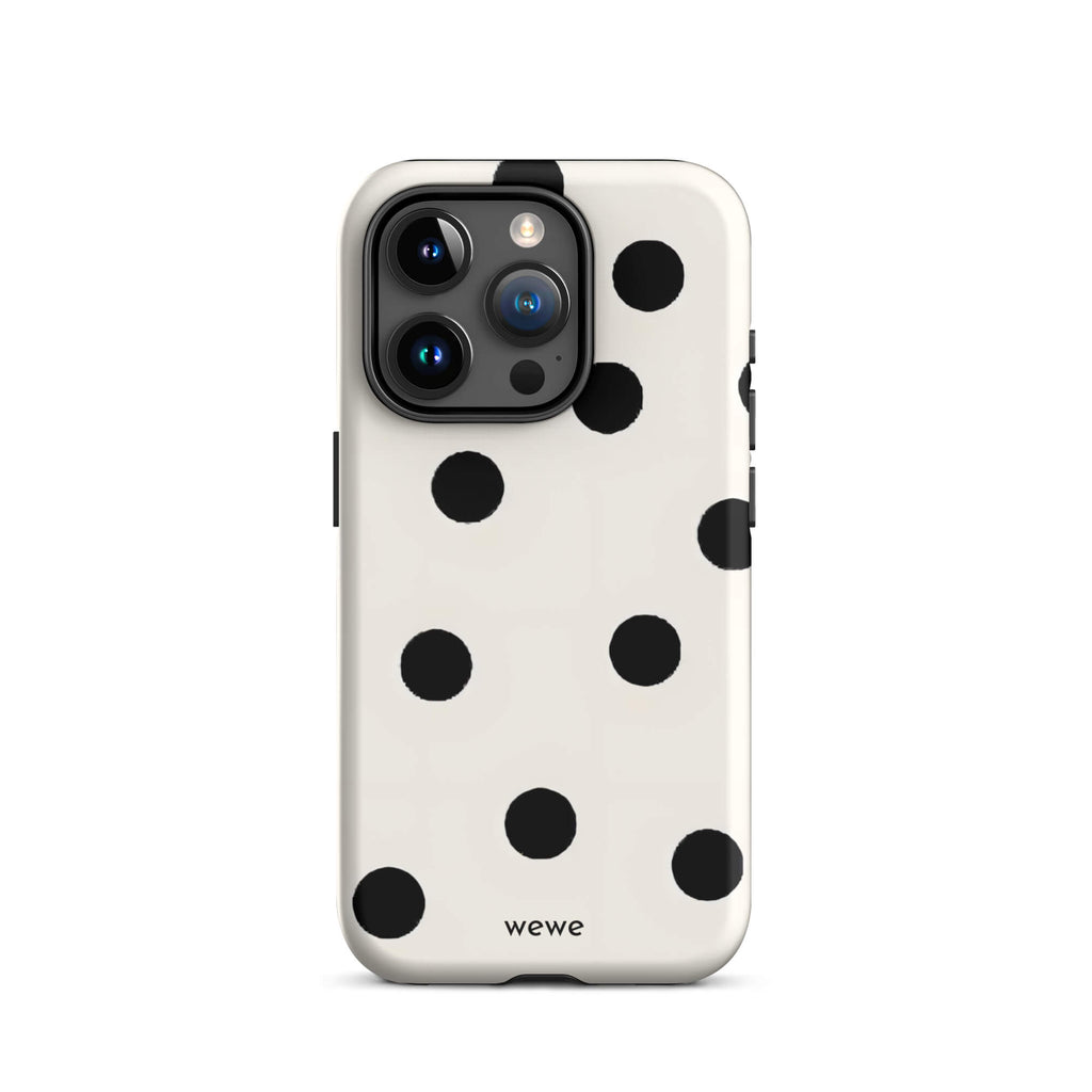 Custom iPhone case 15 pro with a  classic black polka dot pattern on a clean white background.