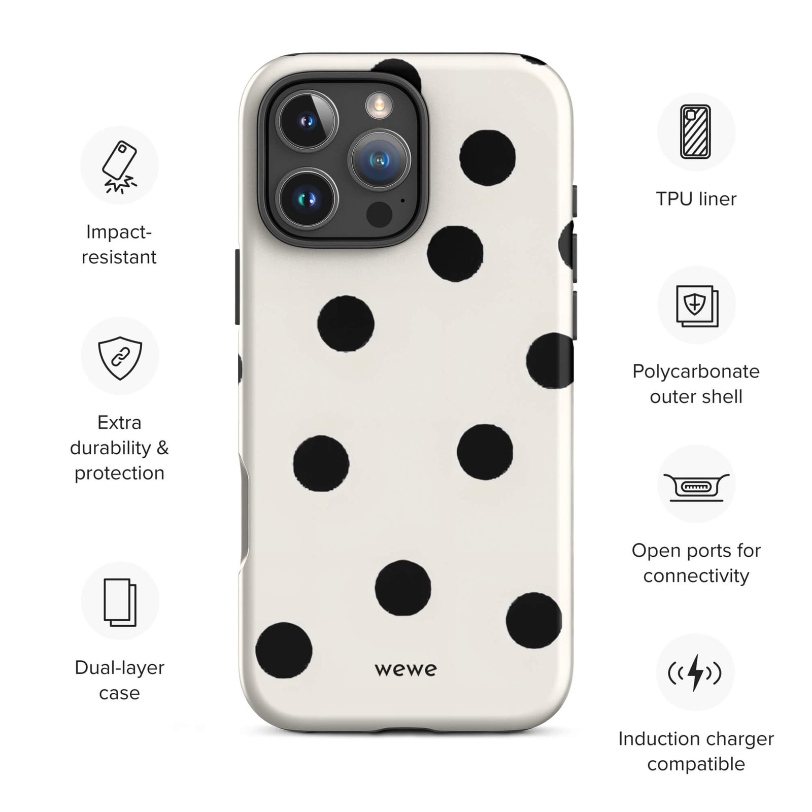 Custom bold black polka dot iphone case 16 pro max wireless charging compatible.