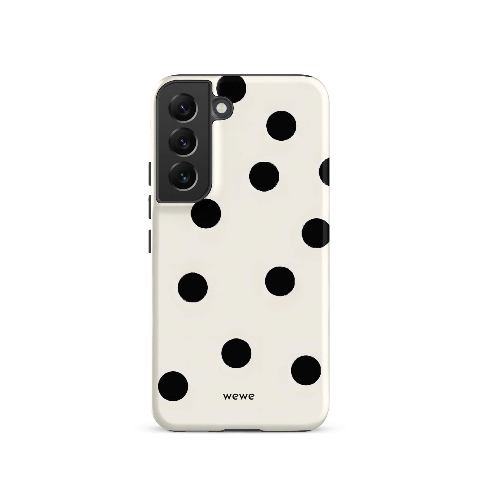 Custom samsung galaxy s22 Phone case with a  classic black polka dot pattern on a clean white background.