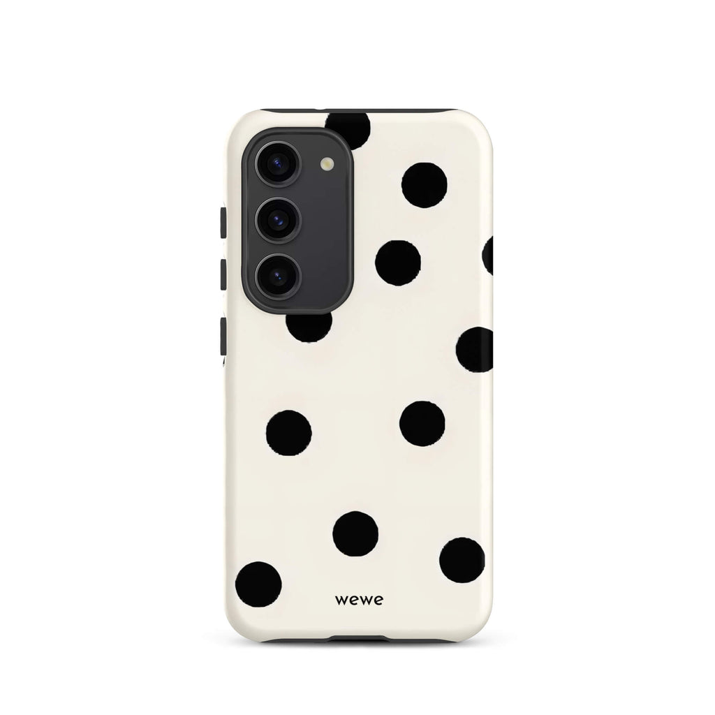 Custom samsung galaxy s23 Phone case with a  classic black polka dot pattern on a clean white background.
