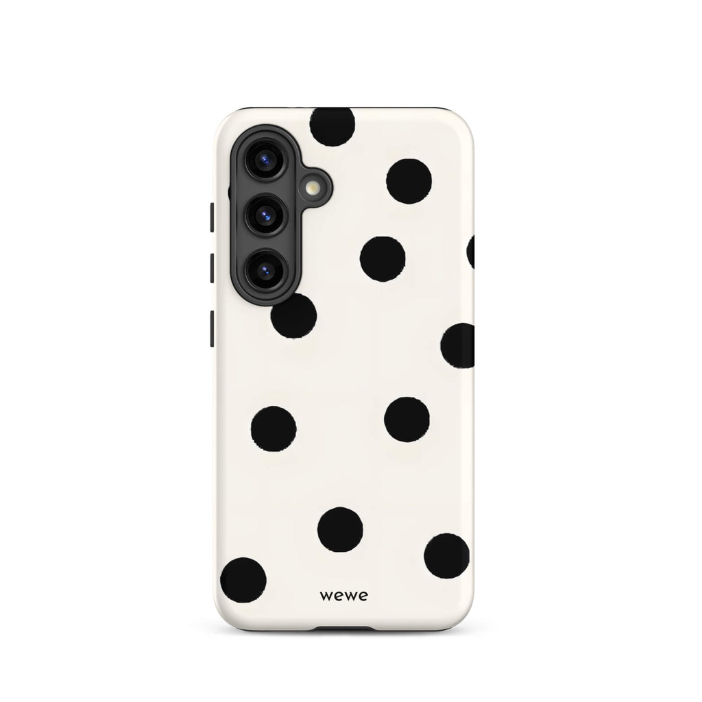 Custom samsung galaxy s24 Phone case with a  classic black polka dot pattern on a clean white background.