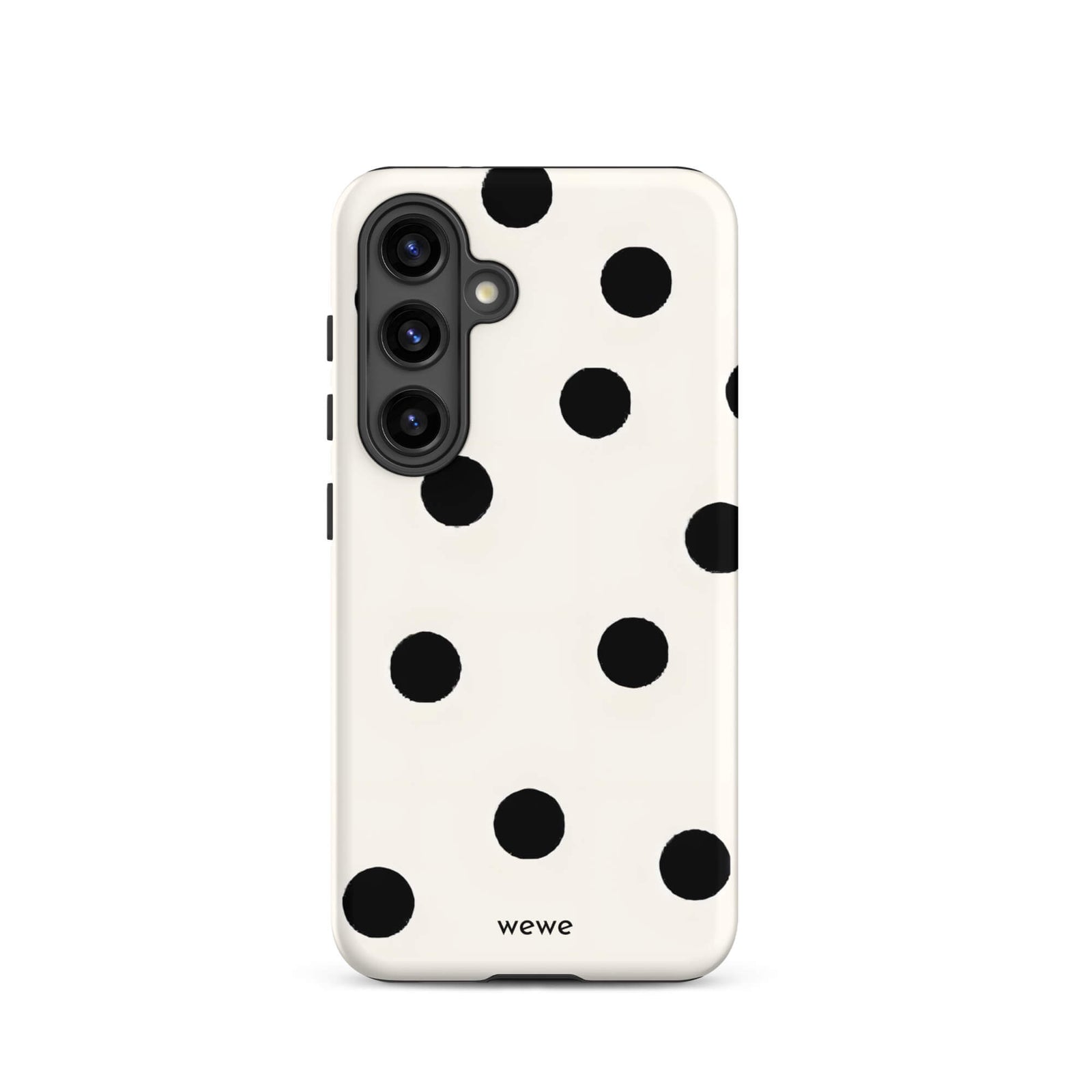 Custom samsung galaxy s24 Phone case with a  classic black polka dot pattern on a clean white background.