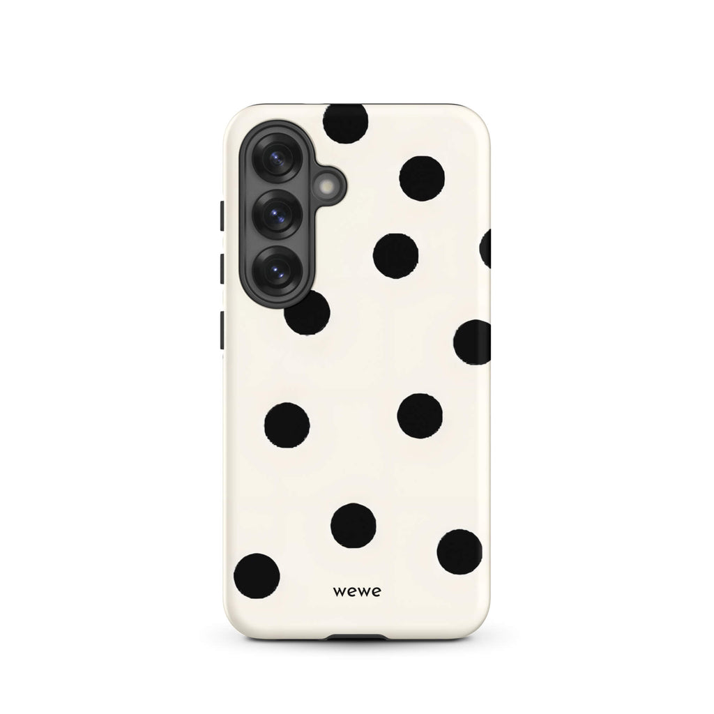 Custom samsung galaxy s25 Phone case with a  classic black polka dot pattern on a clean white background.